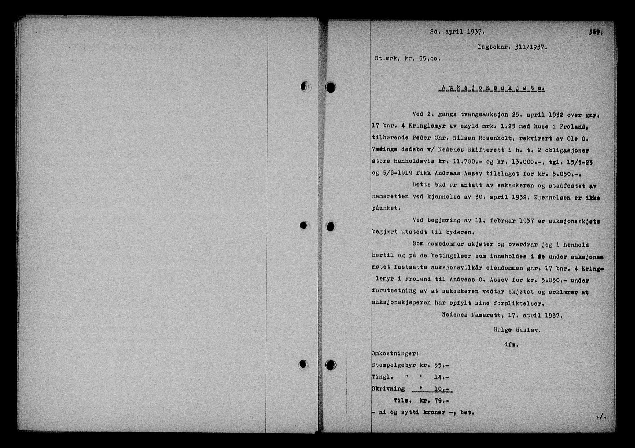 Nedenes sorenskriveri, SAK/1221-0006/G/Gb/Gba/L0043: Mortgage book no. 39, 1936-1937, Diary no: : 311/1937