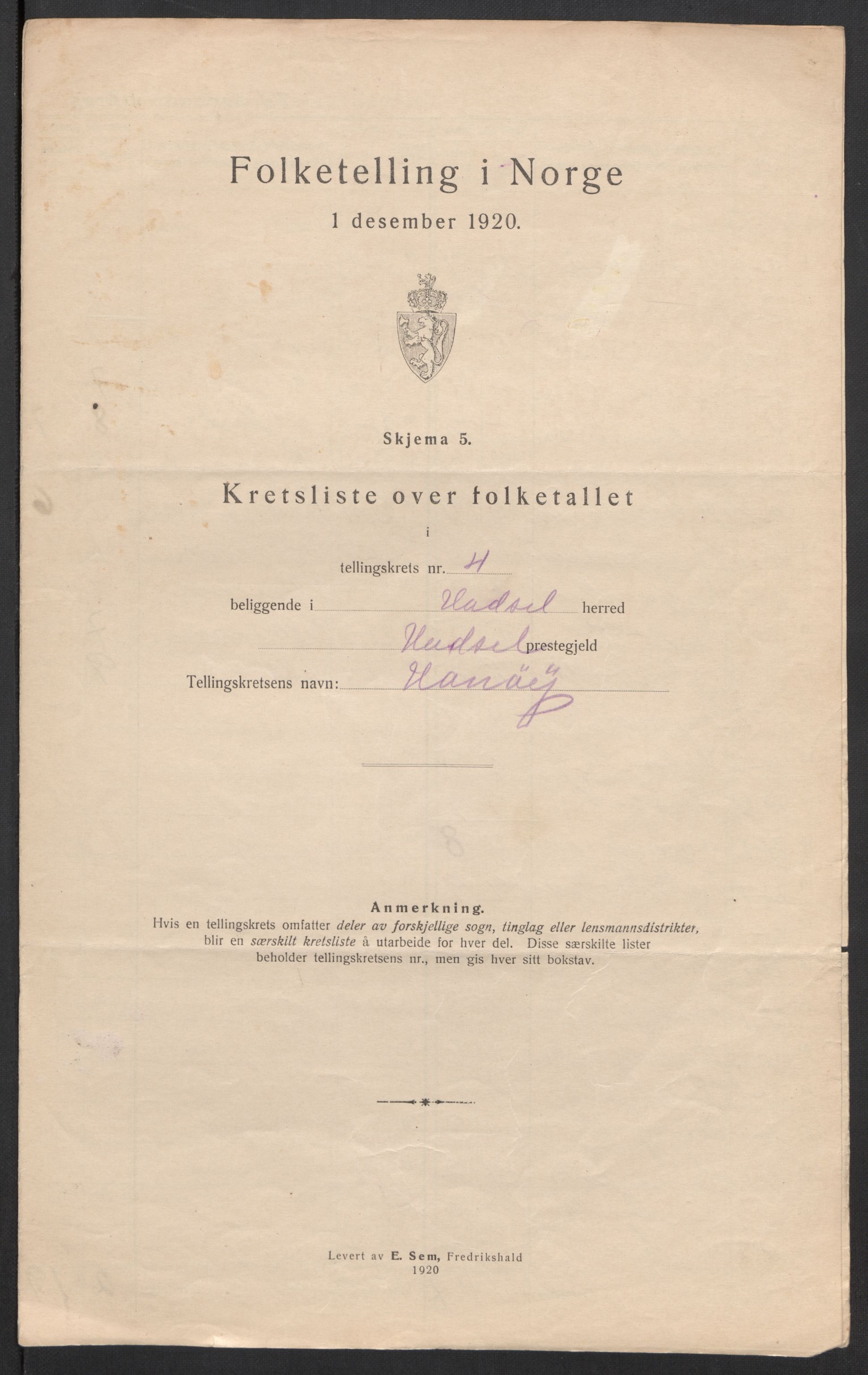 SAT, 1920 census for Hadsel, 1920, p. 20