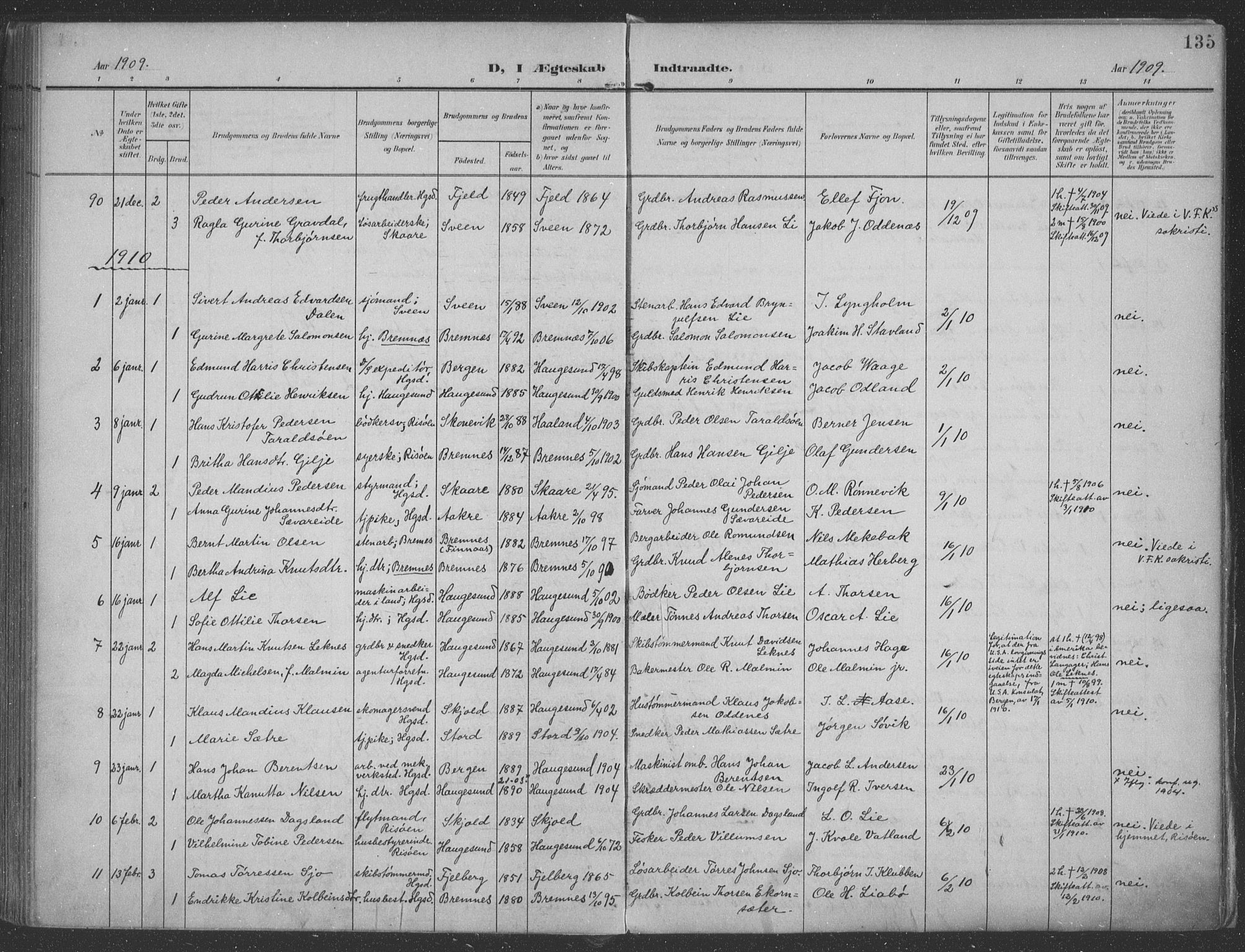 Haugesund sokneprestkontor, SAST/A -101863/H/Ha/Haa/L0007: Parish register (official) no. A 7, 1904-1916, p. 135