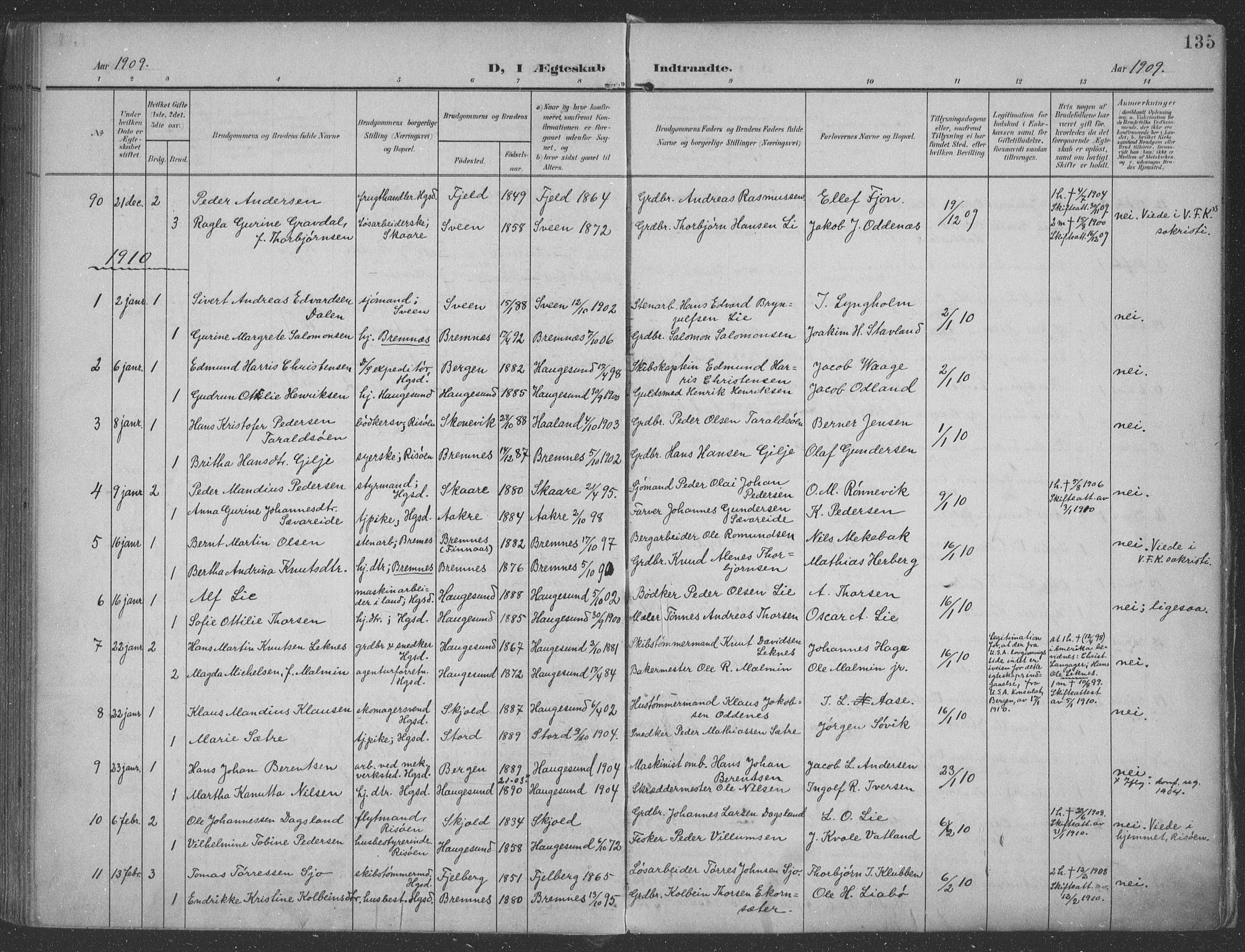 Haugesund sokneprestkontor, AV/SAST-A -101863/H/Ha/Haa/L0007: Parish register (official) no. A 7, 1904-1916, p. 135