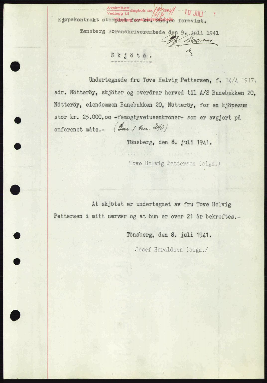 Tønsberg sorenskriveri, AV/SAKO-A-130/G/Ga/Gaa/L0010: Mortgage book no. A10, 1941-1941, Diary no: : 1817/1941