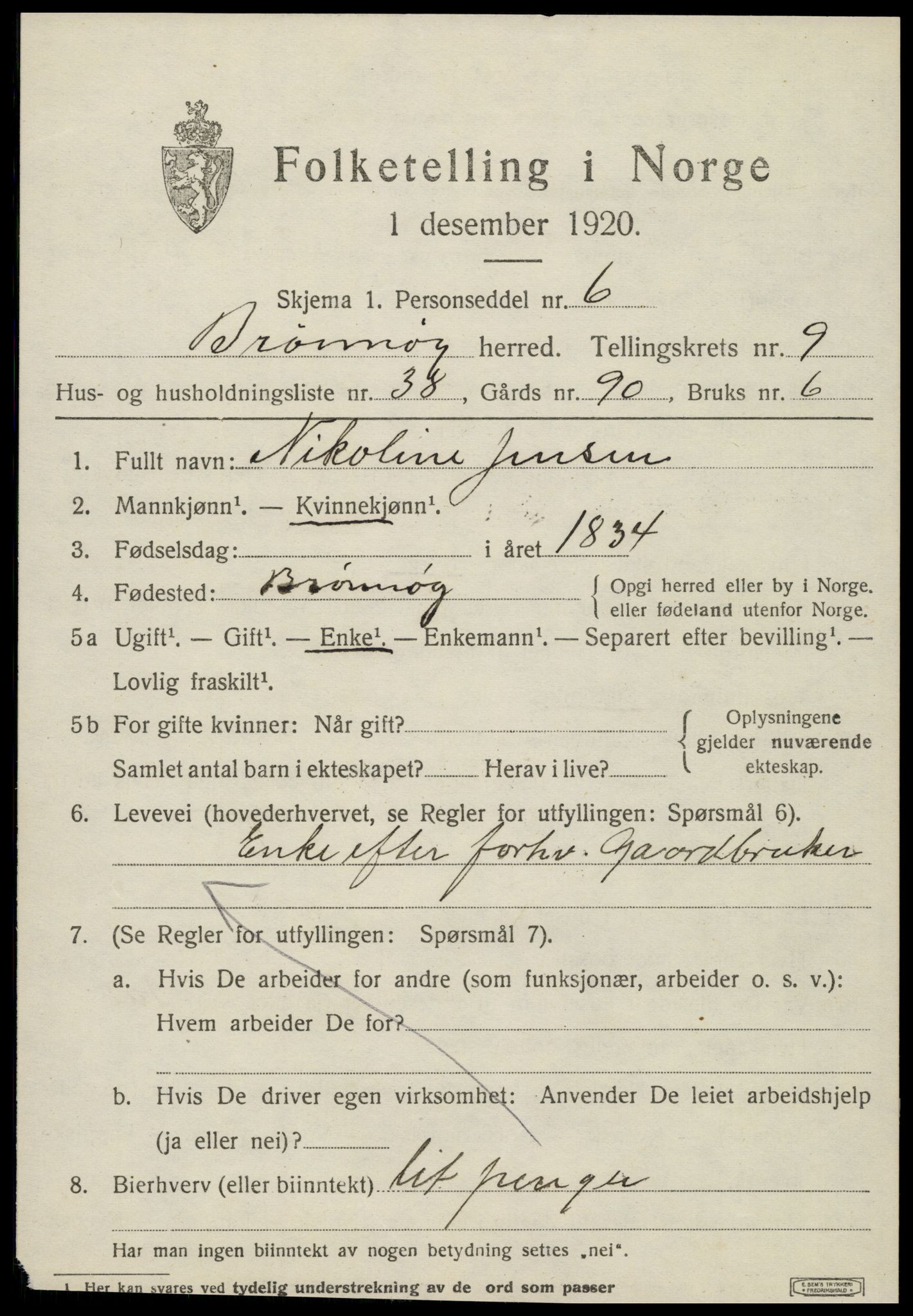 SAT, 1920 census for Brønnøy, 1920, p. 7582