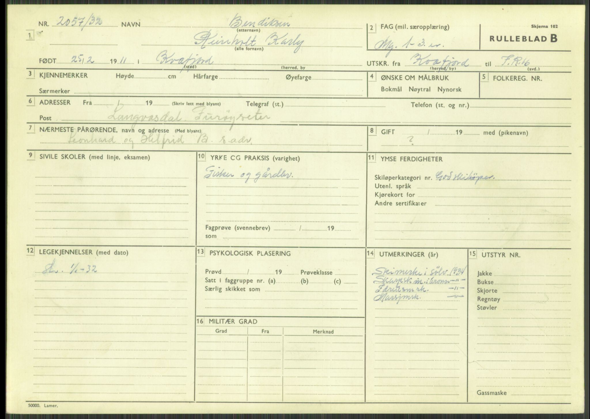 Forsvaret, Troms infanteriregiment nr. 16, AV/RA-RAFA-3146/P/Pa/L0016: Rulleblad for regimentets menige mannskaper, årsklasse 1932, 1932, p. 89