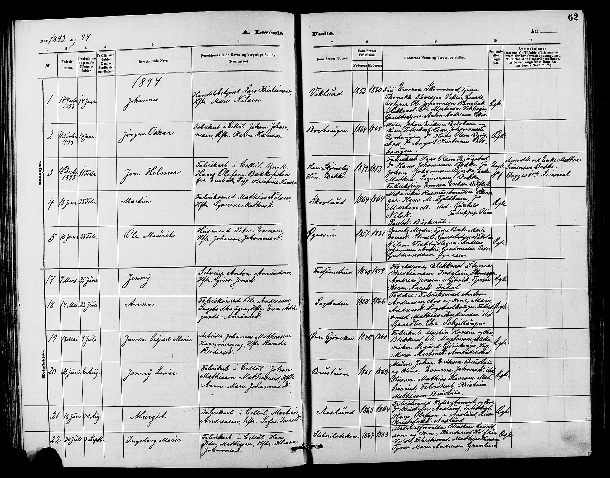 Vardal prestekontor, SAH/PREST-100/H/Ha/Hab/L0007: Parish register (copy) no. 7 /1, 1881-1895, p. 62