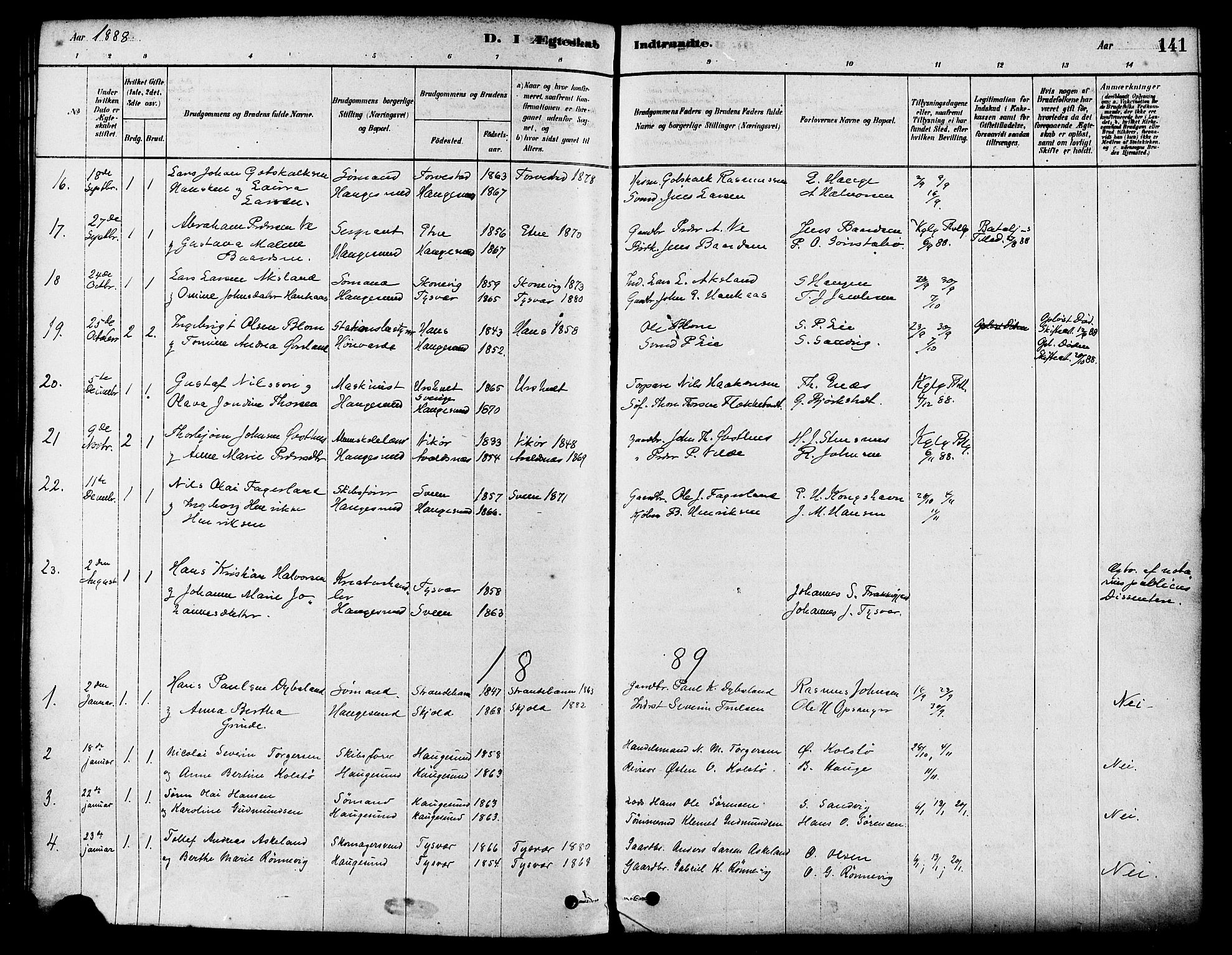 Haugesund sokneprestkontor, AV/SAST-A -101863/H/Ha/Haa/L0003: Parish register (official) no. A 3, 1885-1890, p. 141