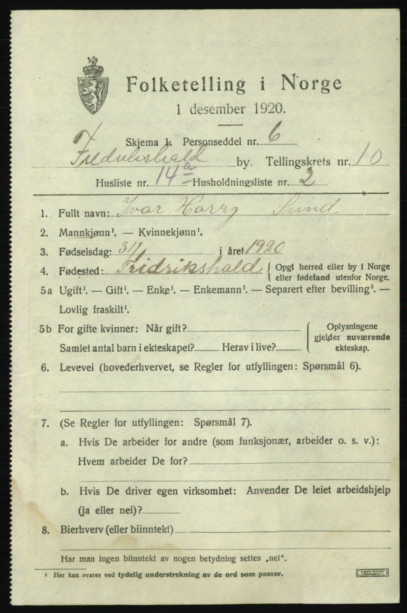 SAO, 1920 census for Fredrikshald, 1920, p. 17793