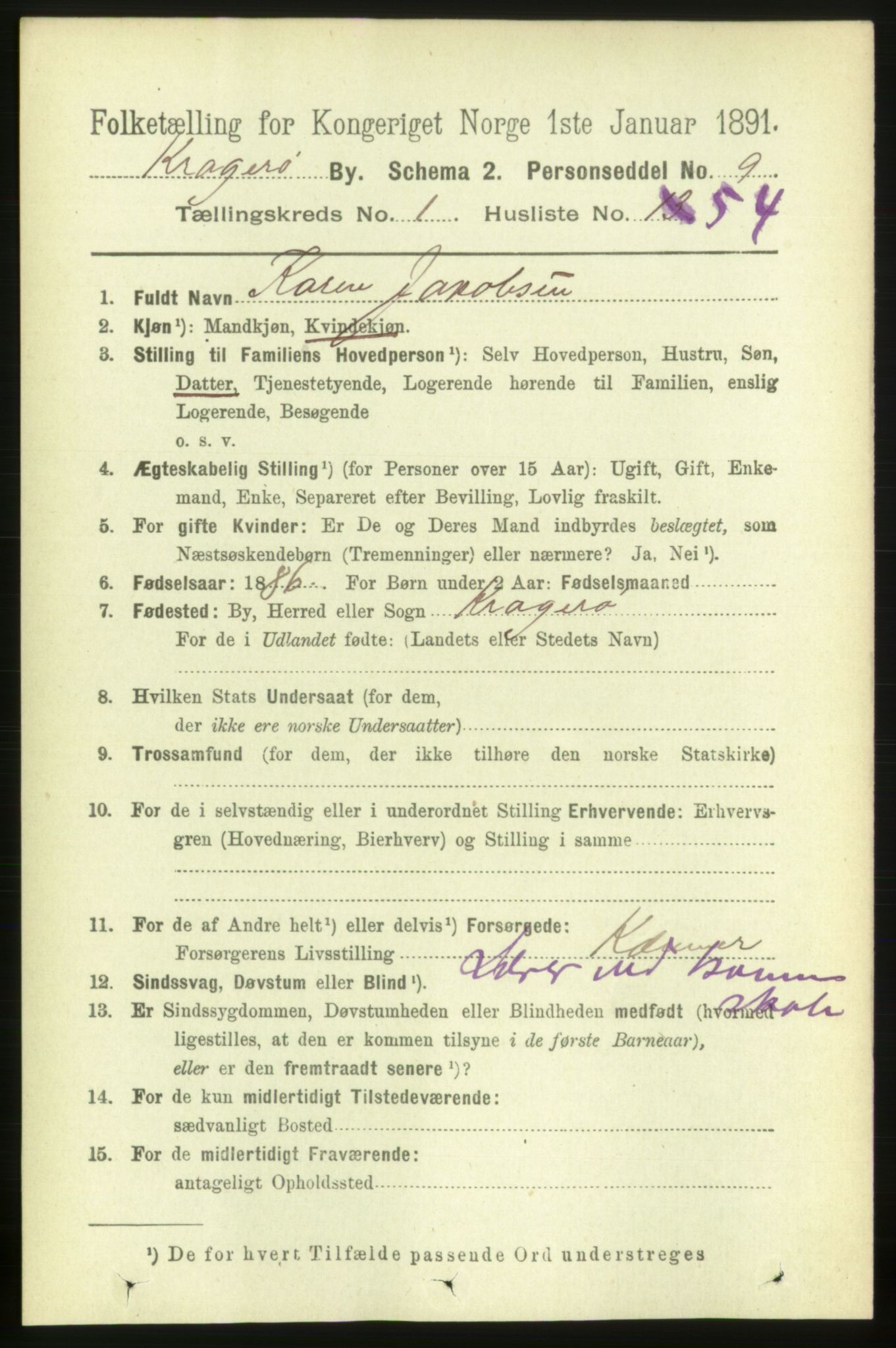 RA, 1891 census for 0801 Kragerø, 1891, p. 2111