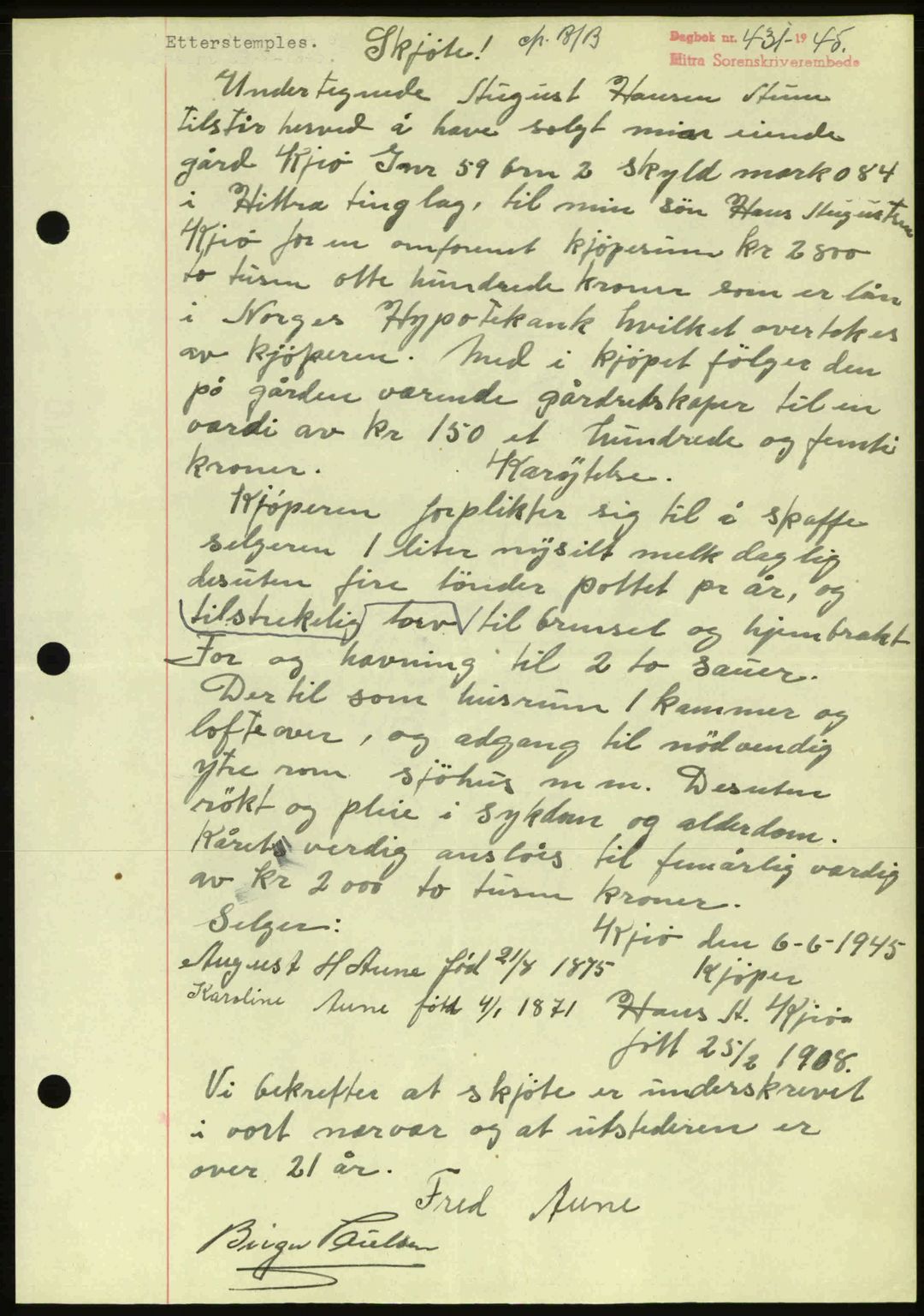 Hitra sorenskriveri, AV/SAT-A-0018/2/2C/2Ca: Mortgage book no. A2, 1943-1945, Diary no: : 431/1945