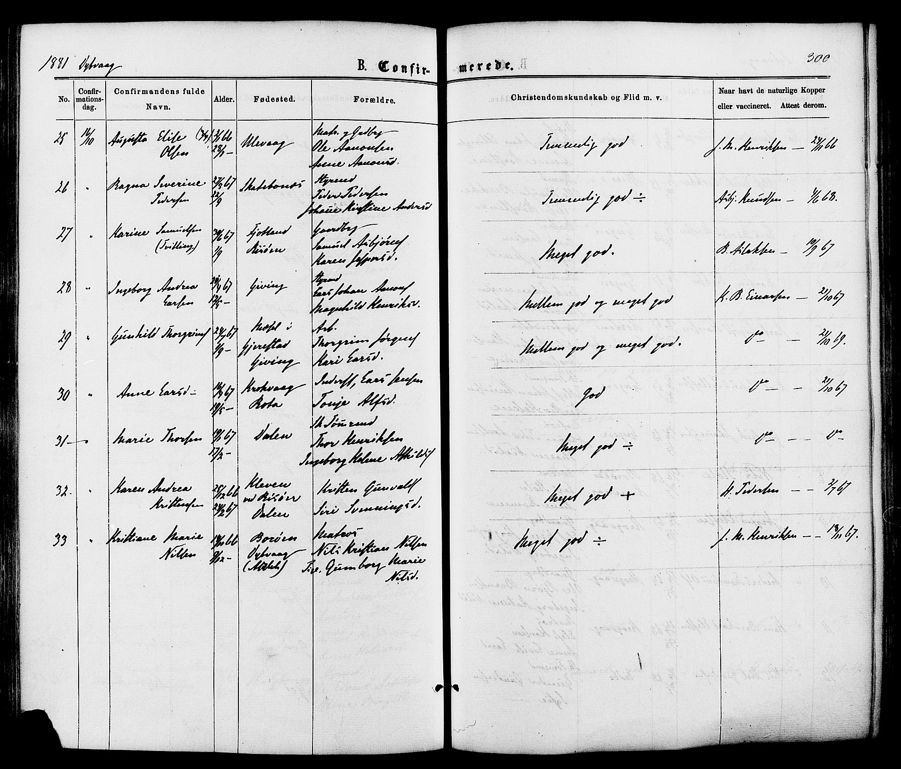 Dypvåg sokneprestkontor, AV/SAK-1111-0007/F/Fa/Faa/L0007: Parish register (official) no. A 7/ 1, 1872-1884, p. 300