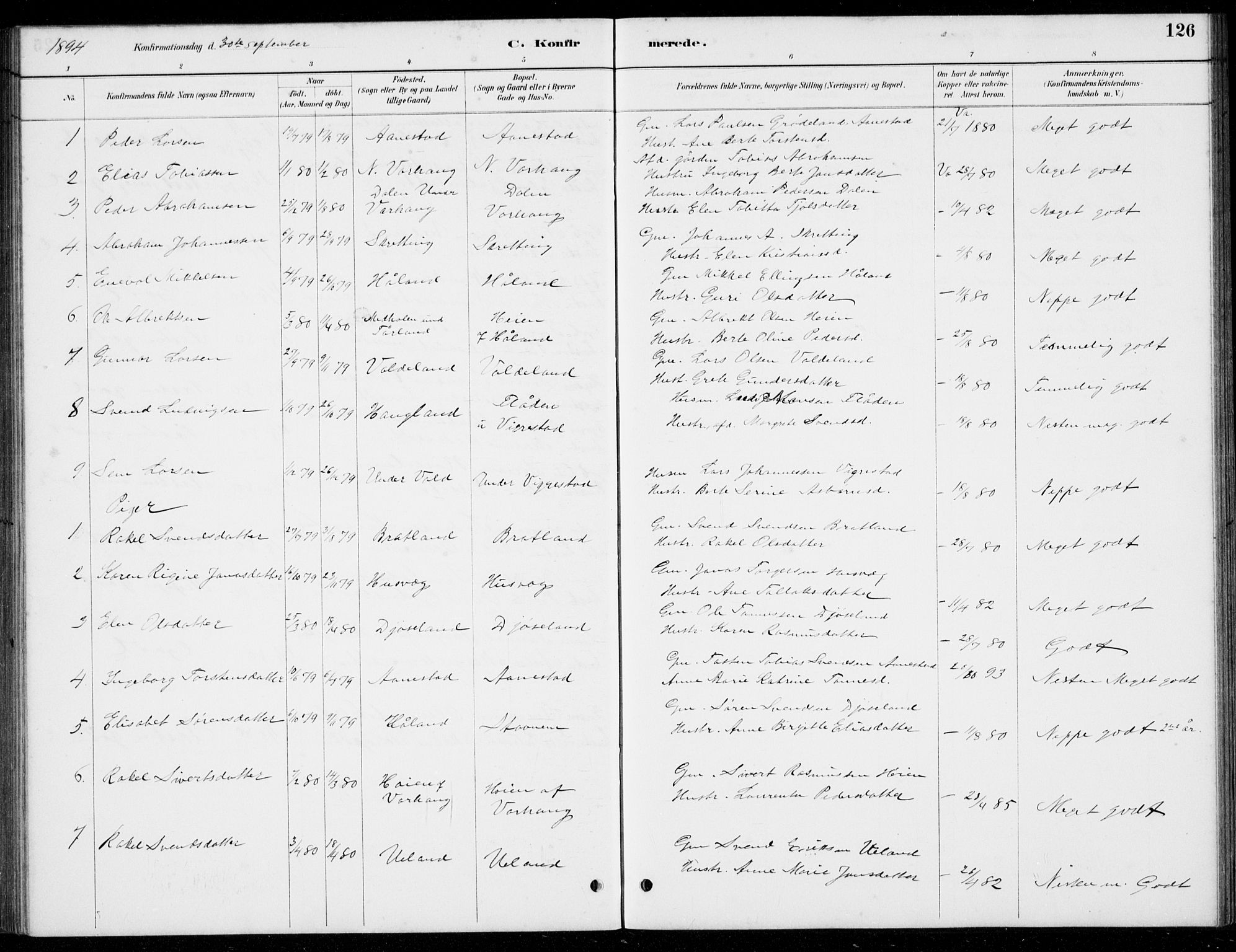 Hå sokneprestkontor, AV/SAST-A-101801/001/30BB/L0004: Parish register (copy) no. B 4, 1883-1899, p. 126