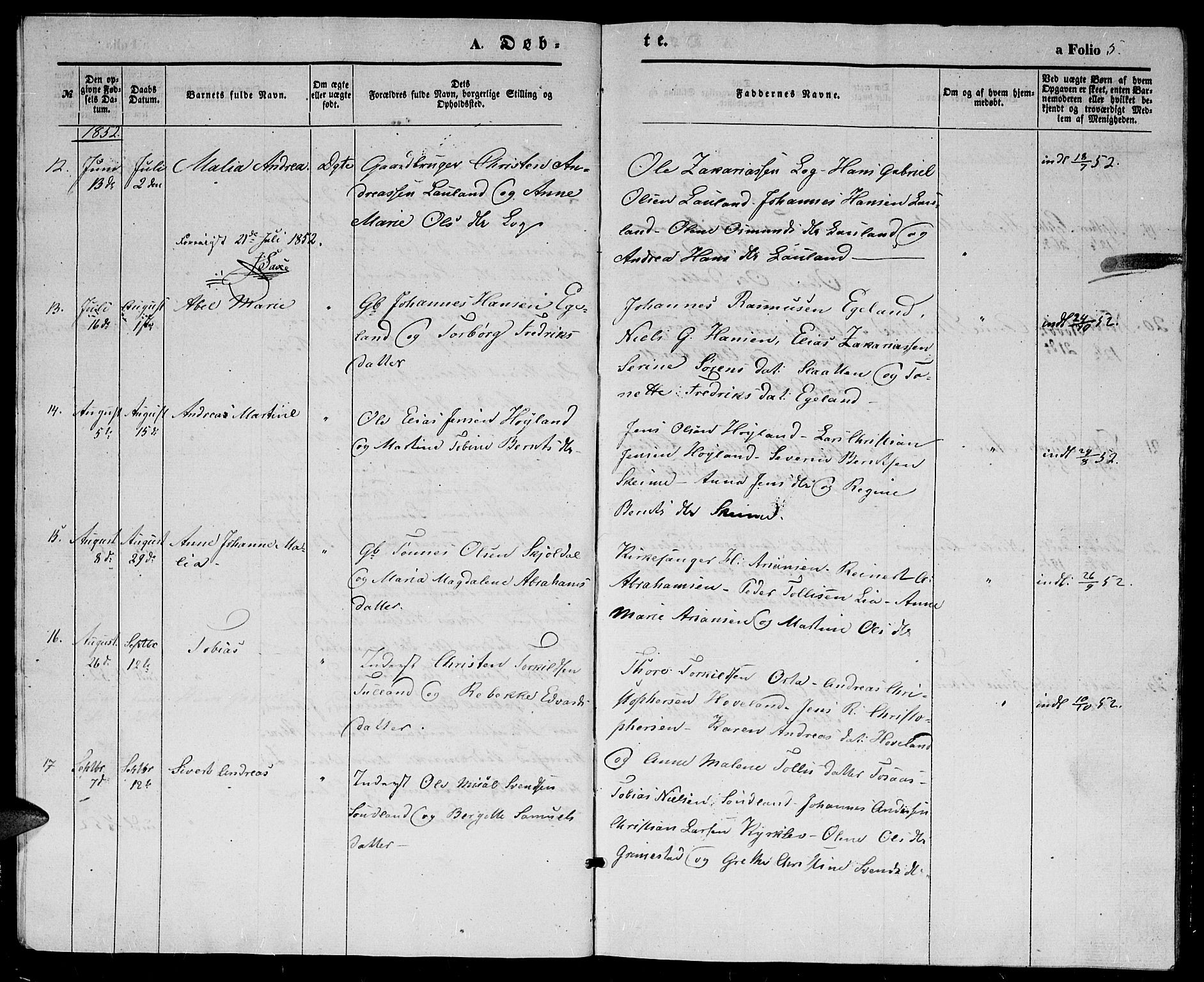 Herad sokneprestkontor, AV/SAK-1111-0018/F/Fb/Fba/L0002: Parish register (copy) no. B 2, 1852-1862, p. 5