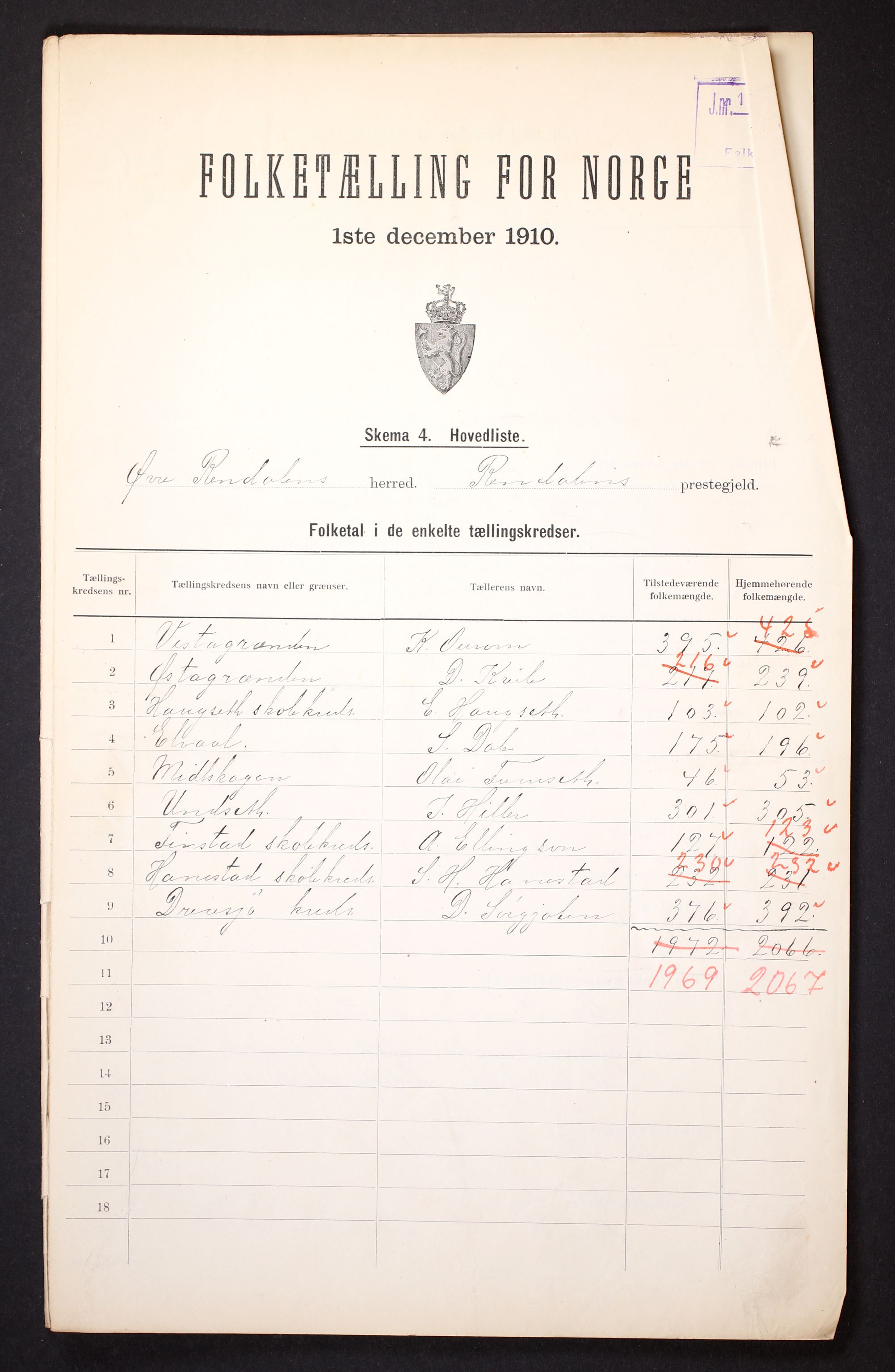 RA, 1910 census for Øvre Rendal, 1910, p. 2