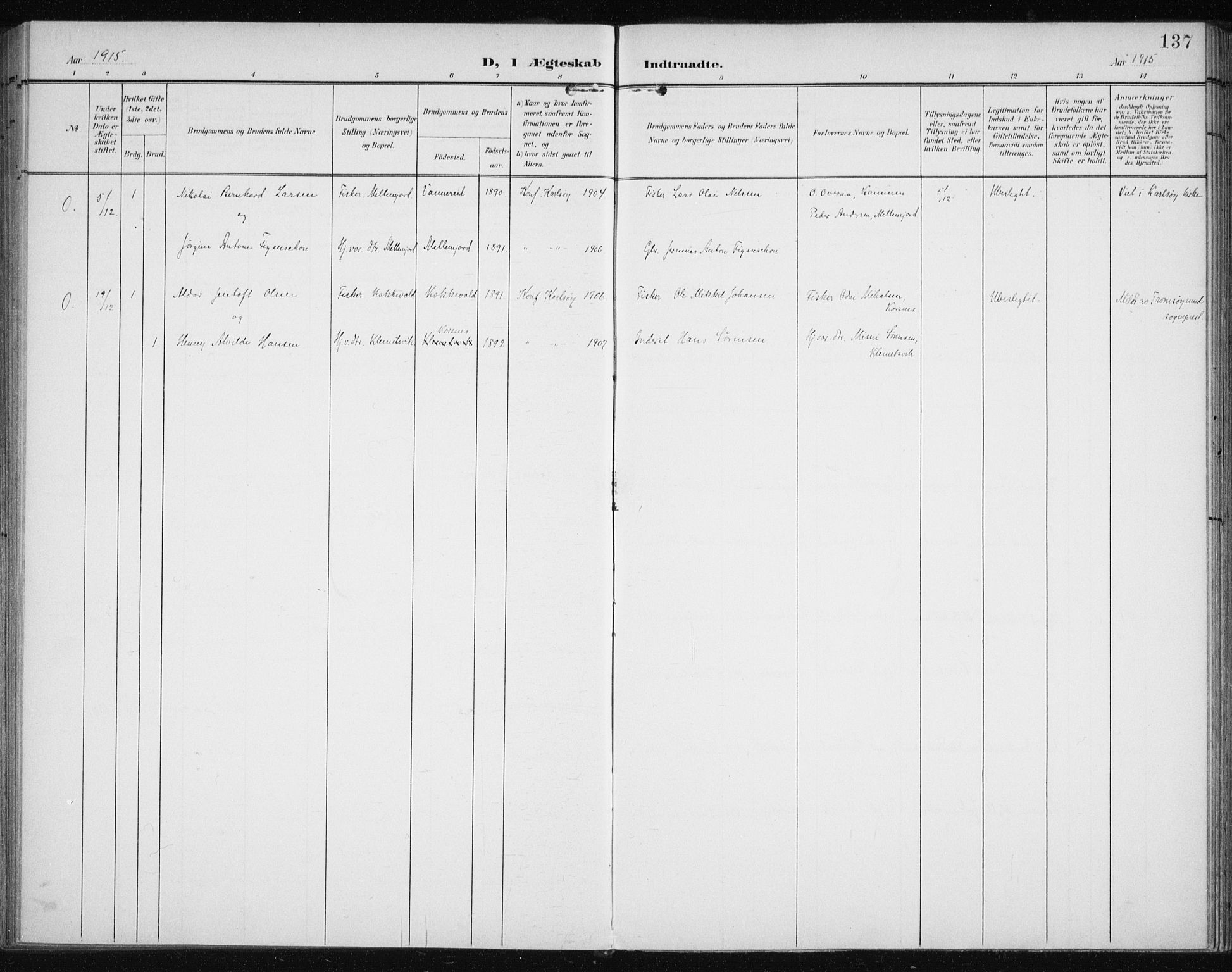 Karlsøy sokneprestembete, SATØ/S-1299/H/Ha/Haa/L0013kirke: Parish register (official) no. 13, 1902-1916, p. 137