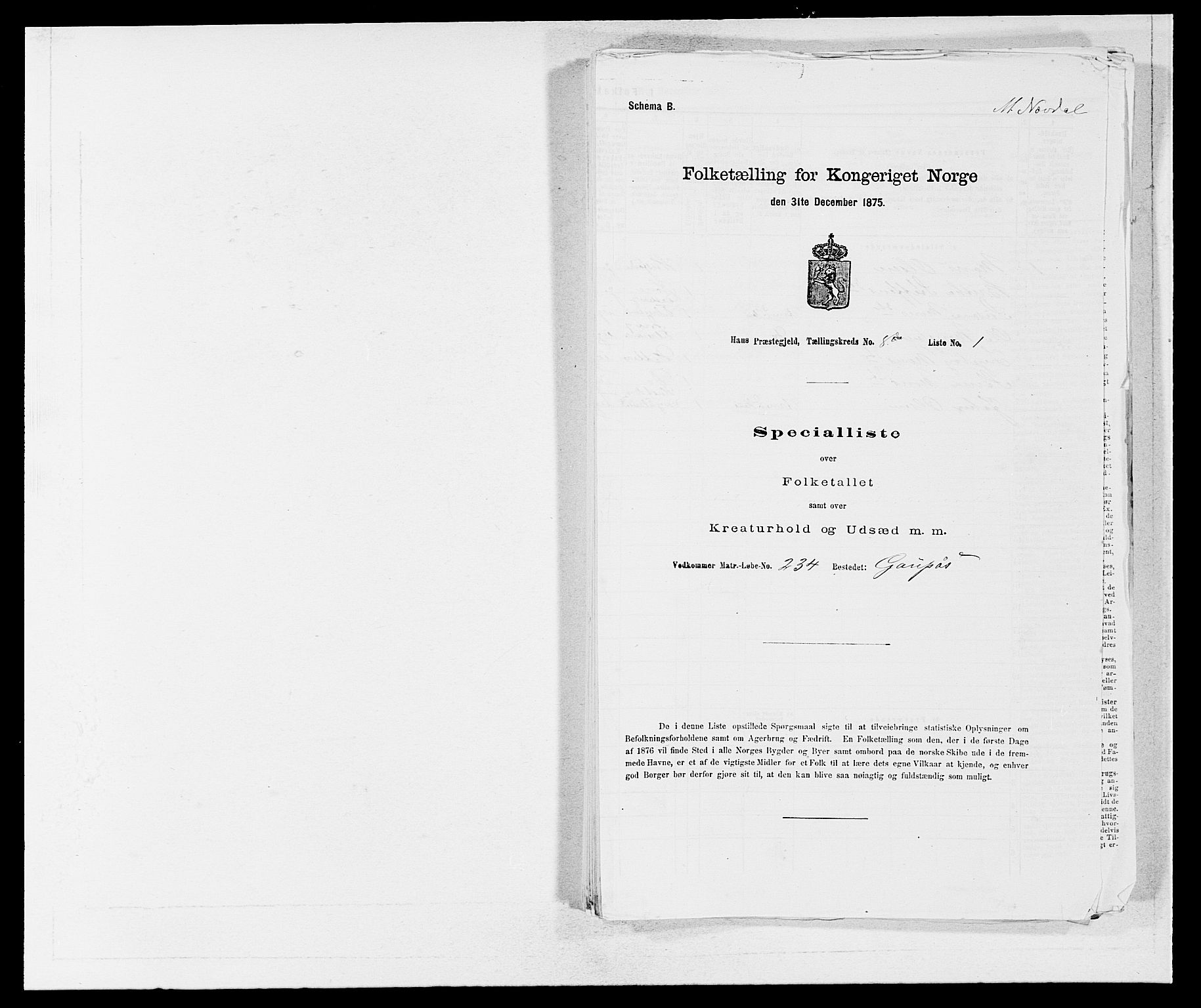 SAB, 1875 census for 1250P Haus, 1875, p. 864