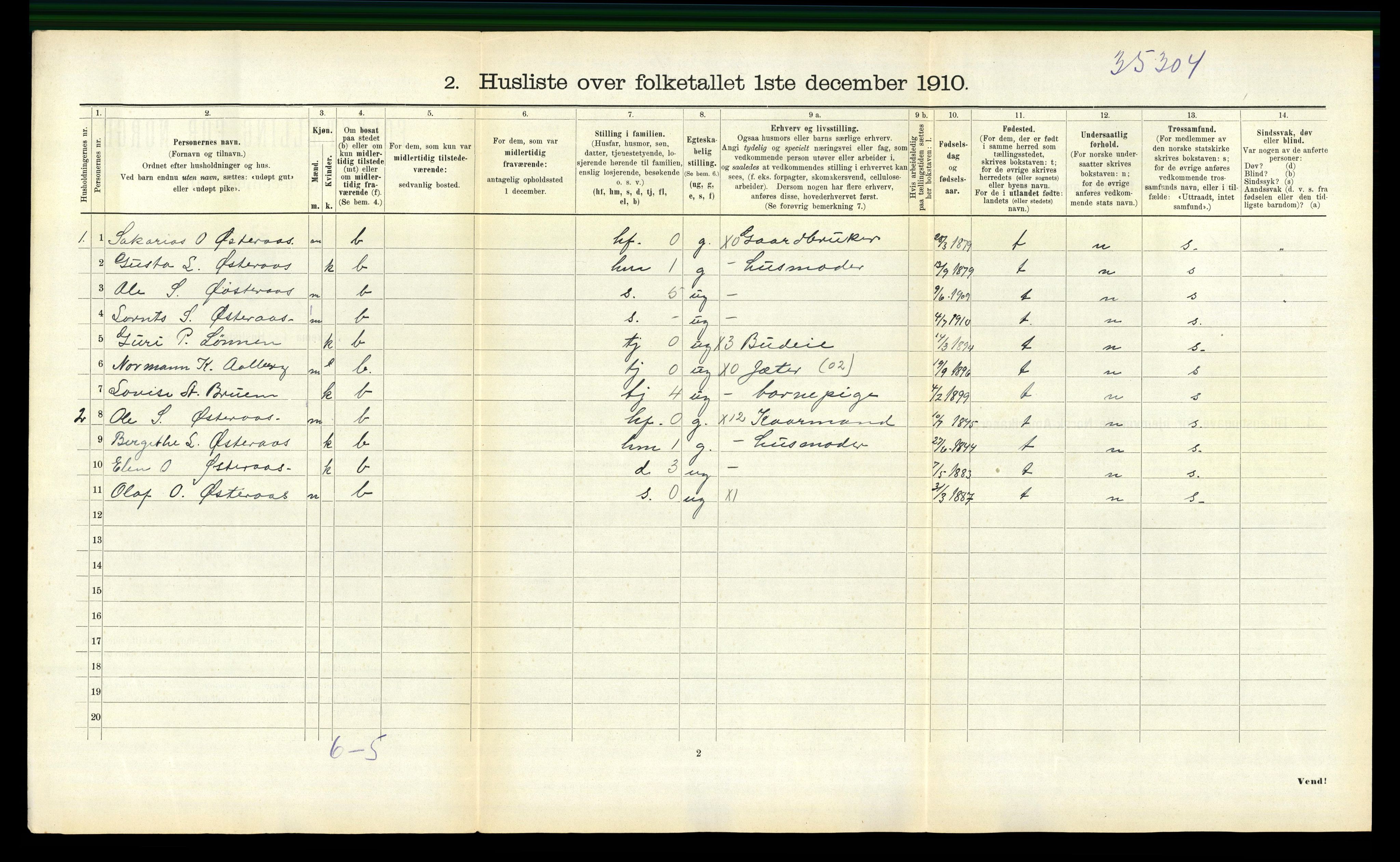 RA, 1910 census for Sparbu, 1910, p. 485