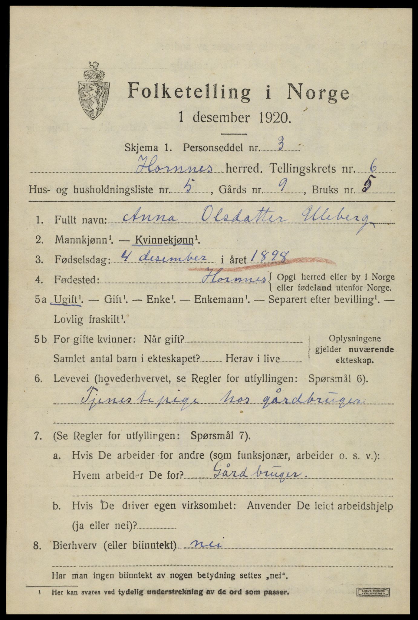 SAK, 1920 census for Hornnes, 1920, p. 1609