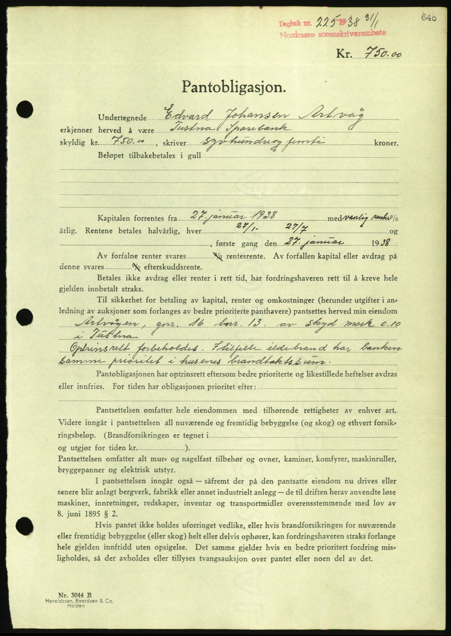 Nordmøre sorenskriveri, AV/SAT-A-4132/1/2/2Ca/L0092: Mortgage book no. B82, 1937-1938, Diary no: : 225/1938