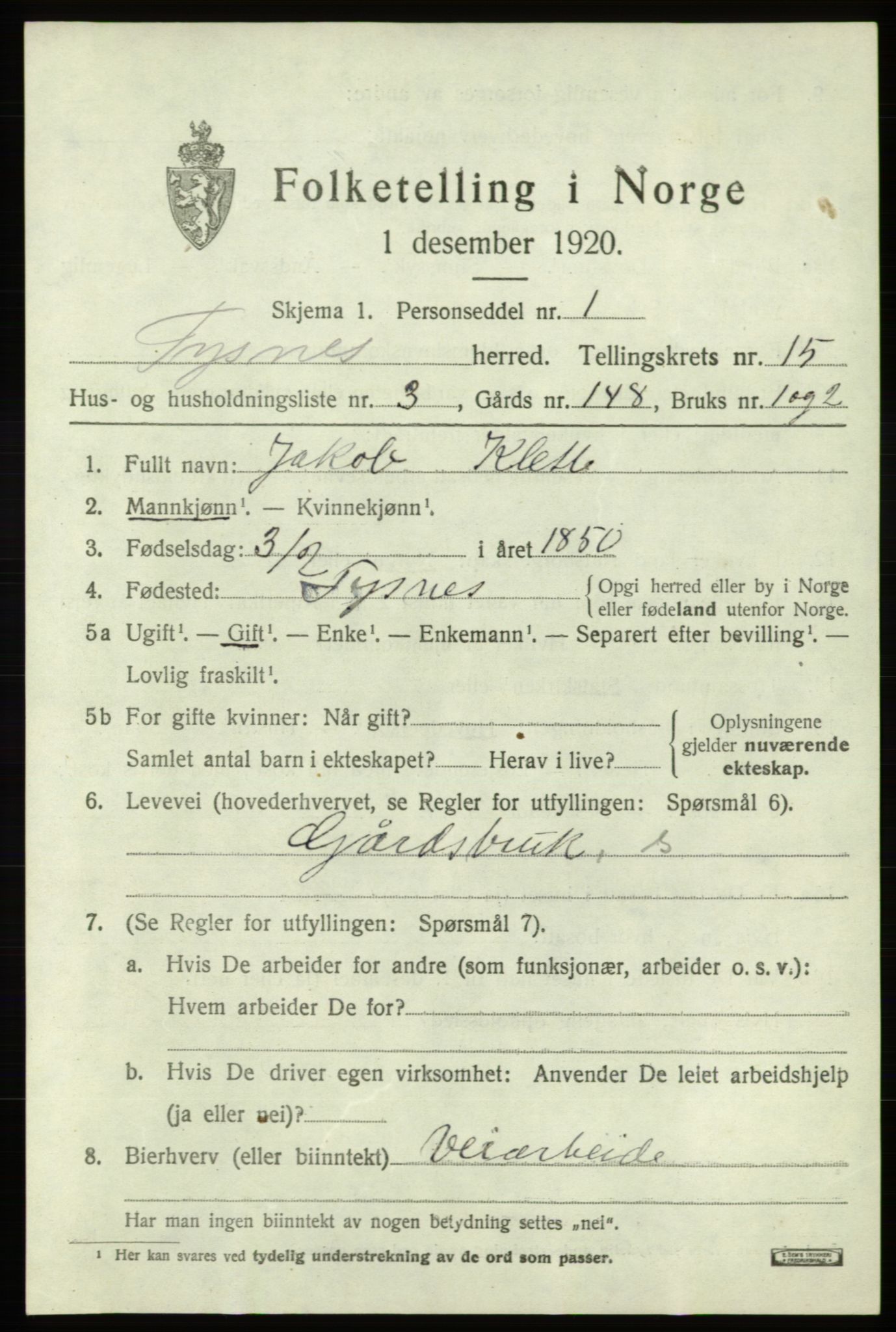 SAB, 1920 census for Tysnes, 1920, p. 9960