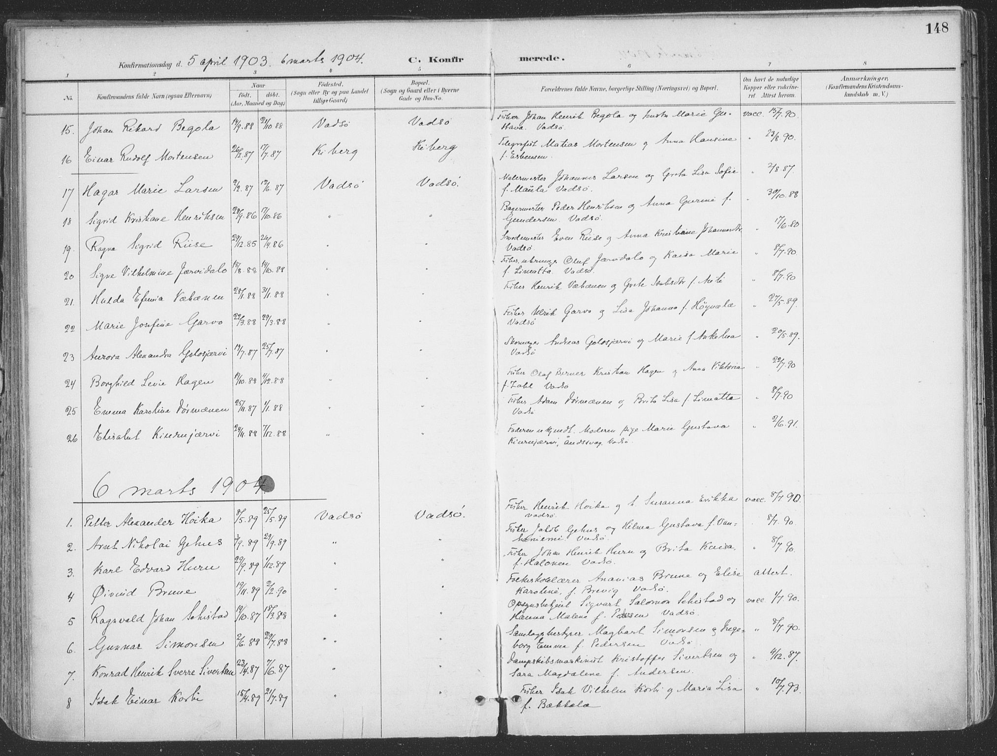 Vadsø sokneprestkontor, SATØ/S-1325/H/Ha/L0007kirke: Parish register (official) no. 7, 1896-1916, p. 148