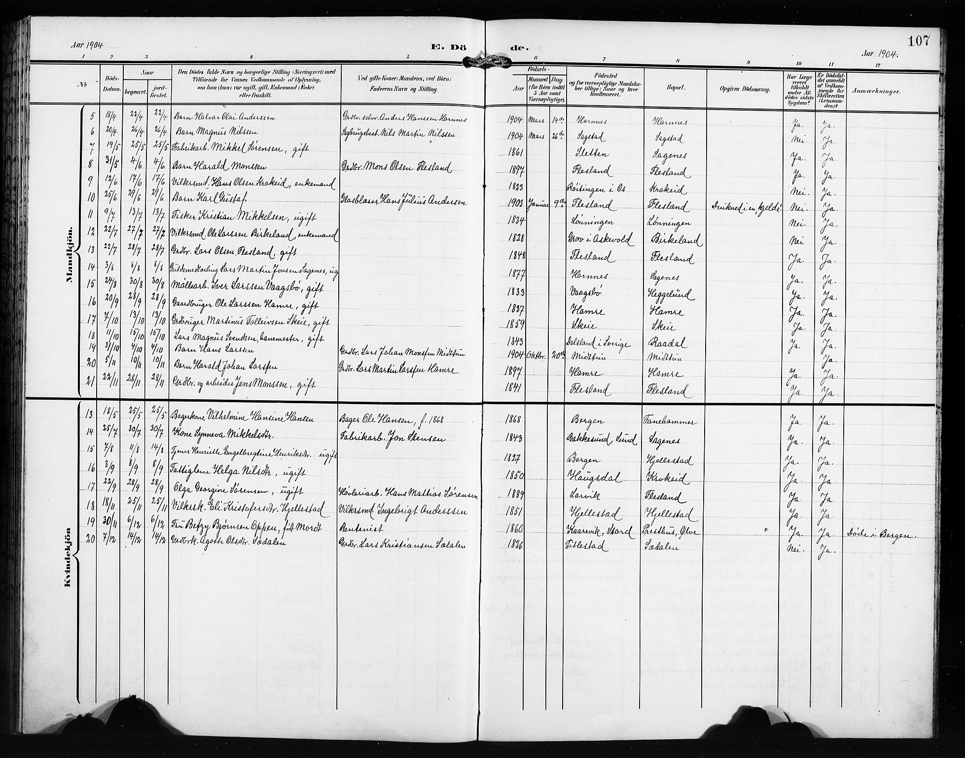 Fana Sokneprestembete, AV/SAB-A-75101/H/Hab/Haba/L0004: Parish register (copy) no. A 4, 1902-1912, p. 107