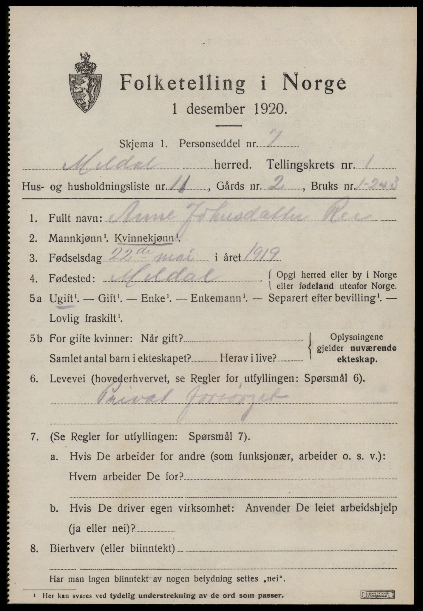 SAT, 1920 census for Meldal, 1920, p. 2017