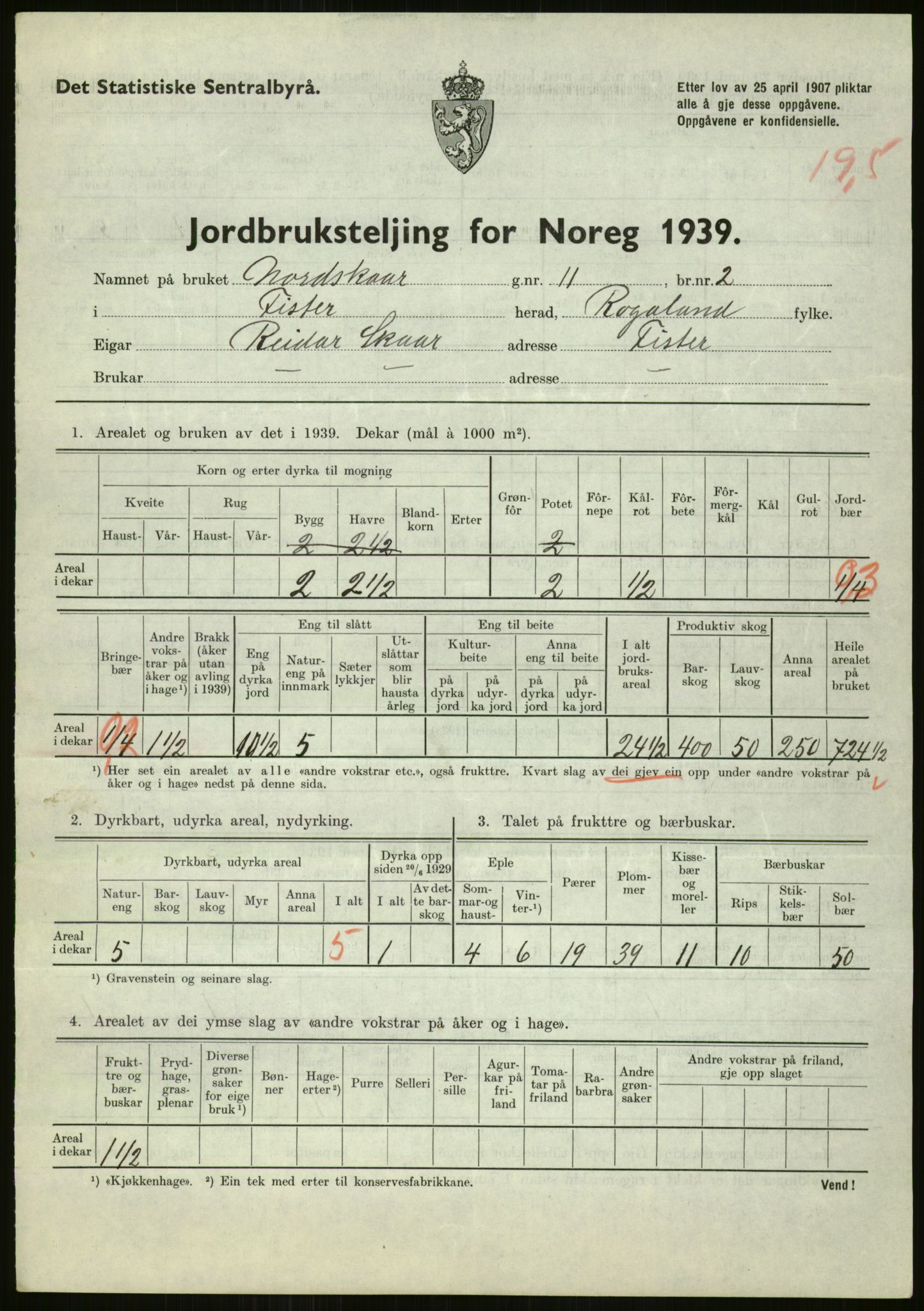 Statistisk sentralbyrå, Næringsøkonomiske emner, Jordbruk, skogbruk, jakt, fiske og fangst, AV/RA-S-2234/G/Gb/L0184: Rogaland: Årdal, Fister og Hjelmeland, 1939, p. 261