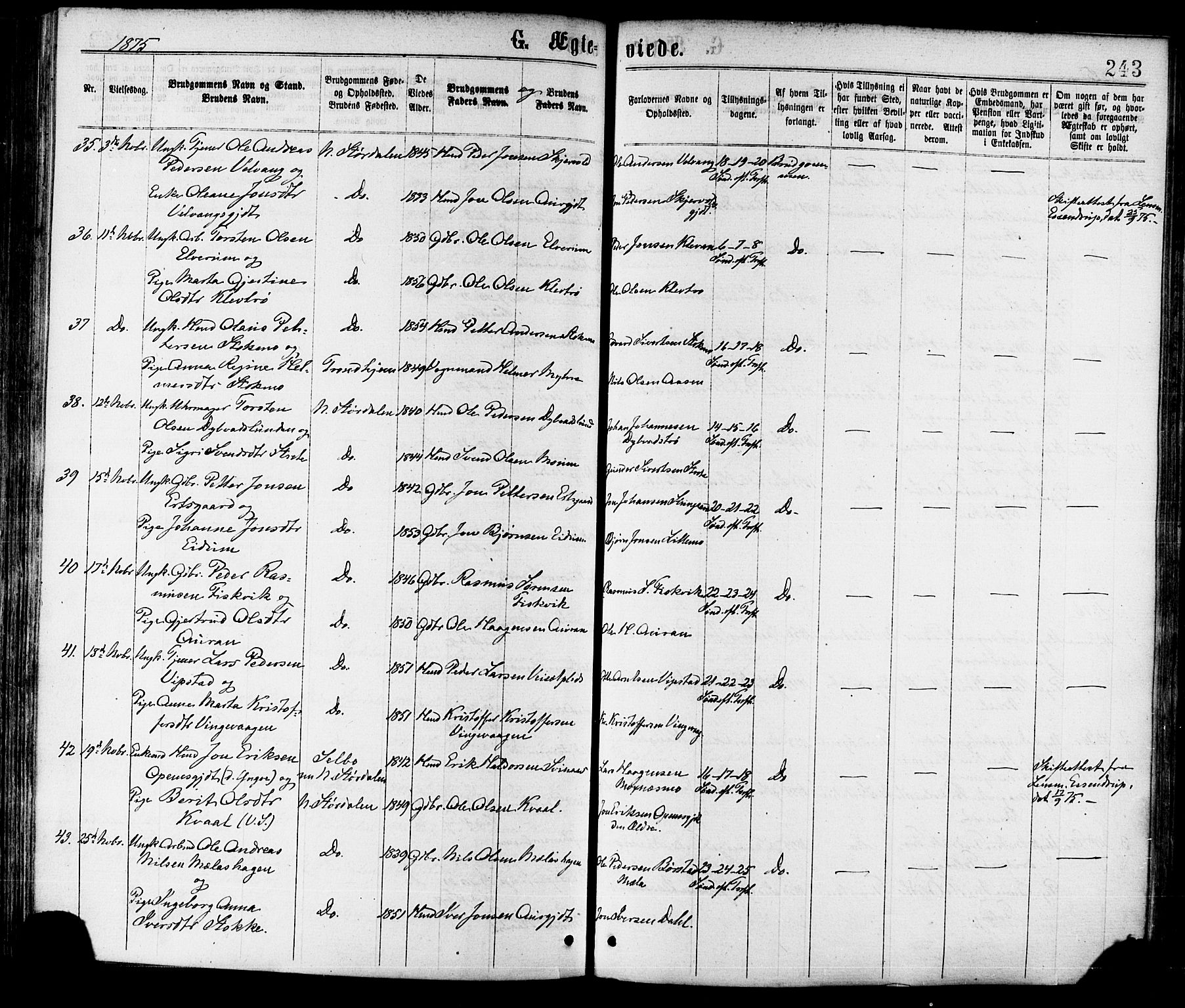 Ministerialprotokoller, klokkerbøker og fødselsregistre - Nord-Trøndelag, SAT/A-1458/709/L0076: Parish register (official) no. 709A16, 1871-1879, p. 243