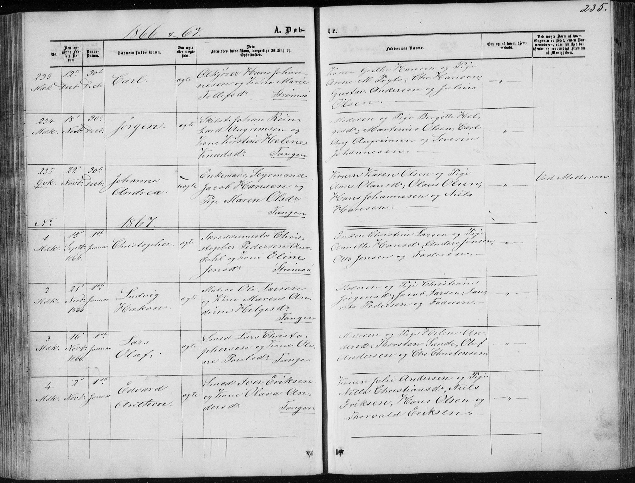 Strømsø kirkebøker, AV/SAKO-A-246/F/Fa/L0015: Parish register (official) no. I 15, 1859-1868, p. 235