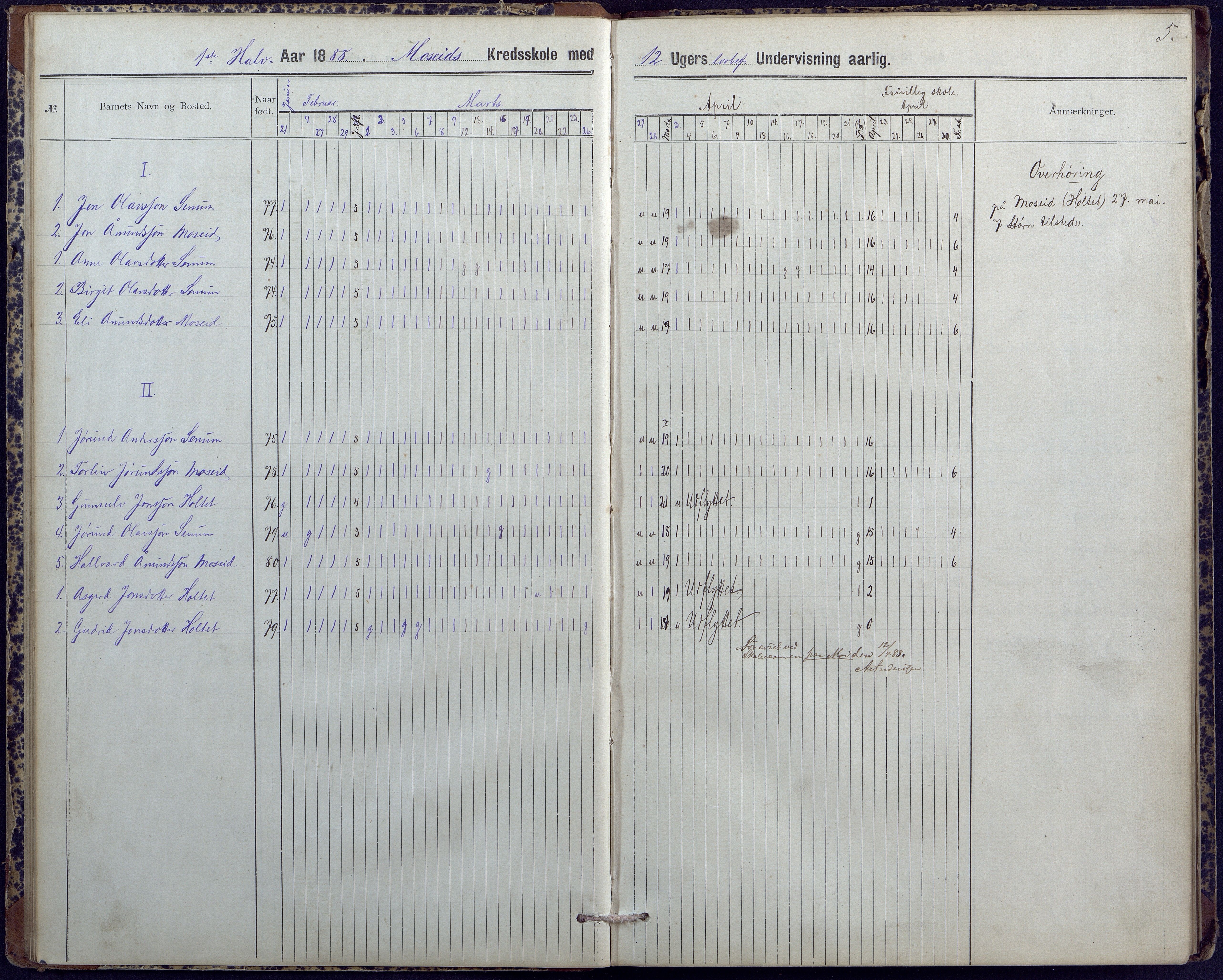 Hornnes kommune, Moi, Moseid, Kjetså skolekretser, AAKS/KA0936-550e/F1/L0004: Dagbok. Moseid, Moi, 1886-1891, p. 5