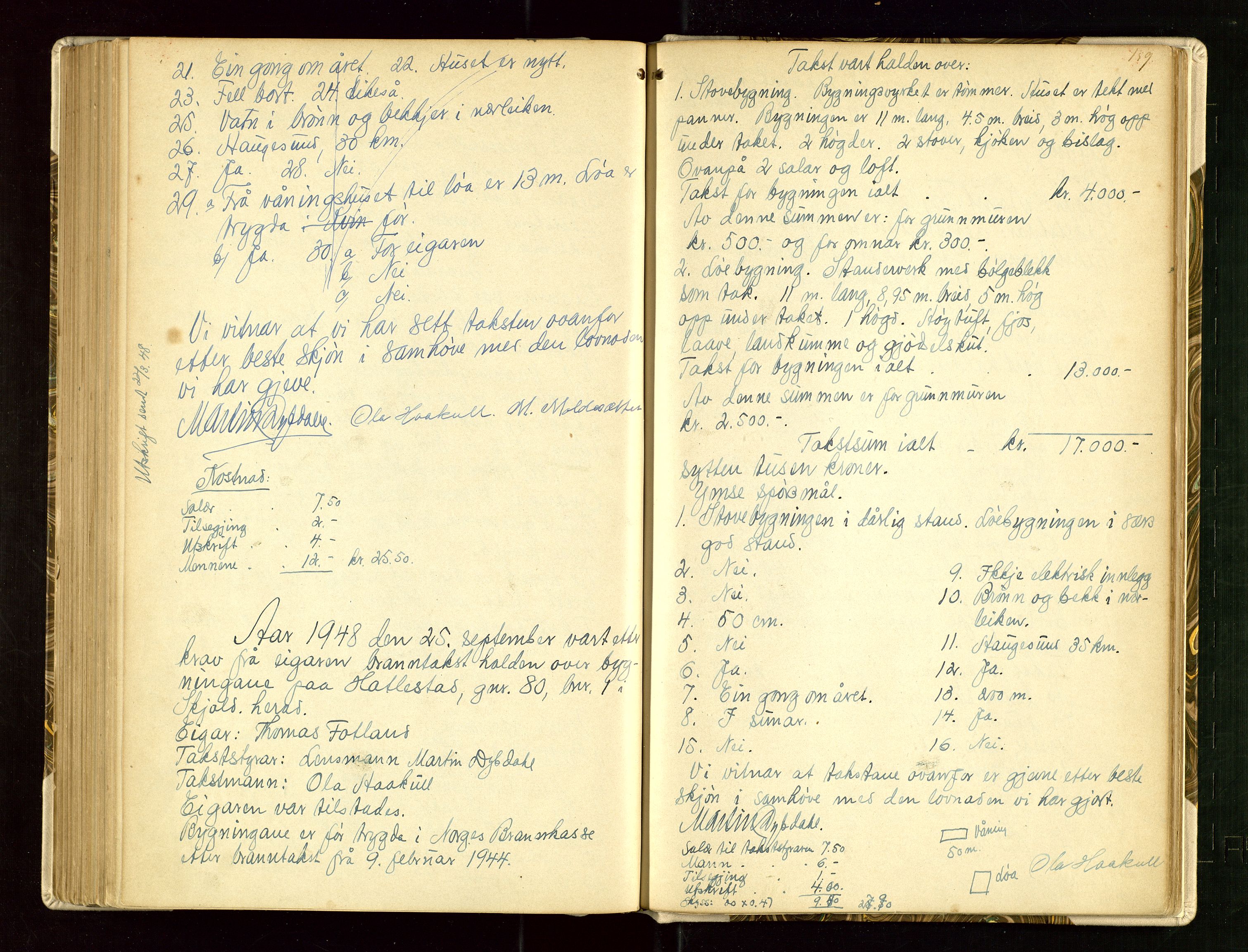 Skjold lensmannskontor, AV/SAST-A-100182/Goa/L0002: "Brandtaksasjons-Protokol for Skjolds Thinglag", 1890-1949, p. 158b-159a