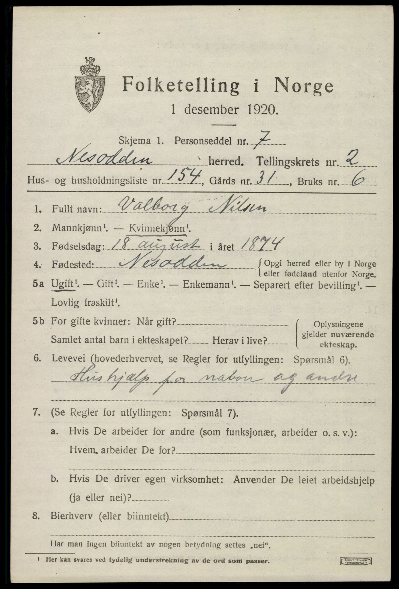 SAO, 1920 census for Nesodden, 1920, p. 3131