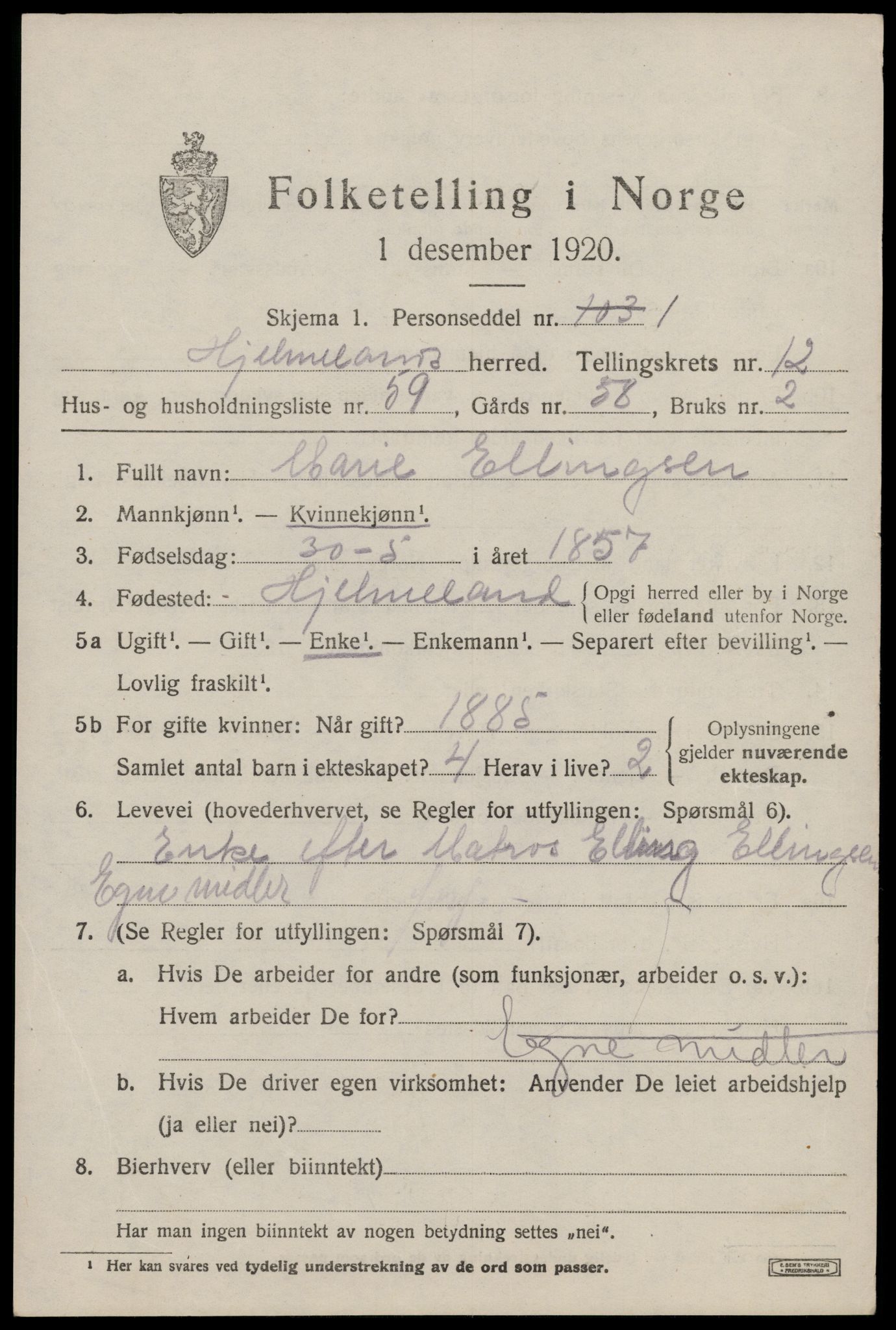 SAST, 1920 census for Hjelmeland, 1920, p. 4127