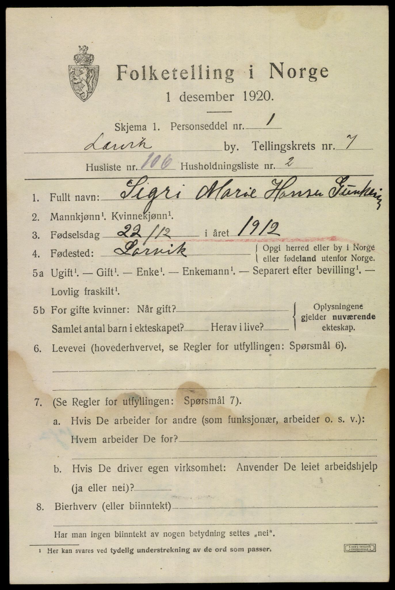 SAKO, 1920 census for Larvik, 1920, p. 22550