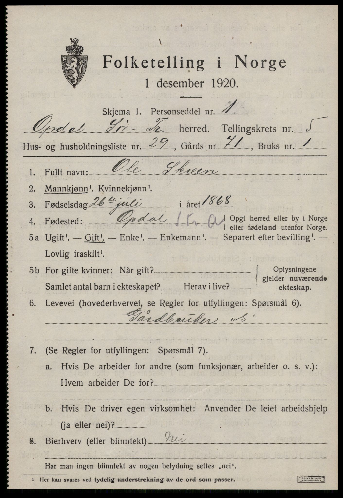 SAT, 1920 census for Oppdal, 1920, p. 5281