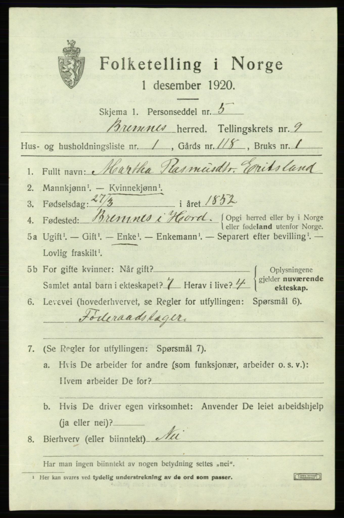 SAB, 1920 census for Bremnes, 1920, p. 6122