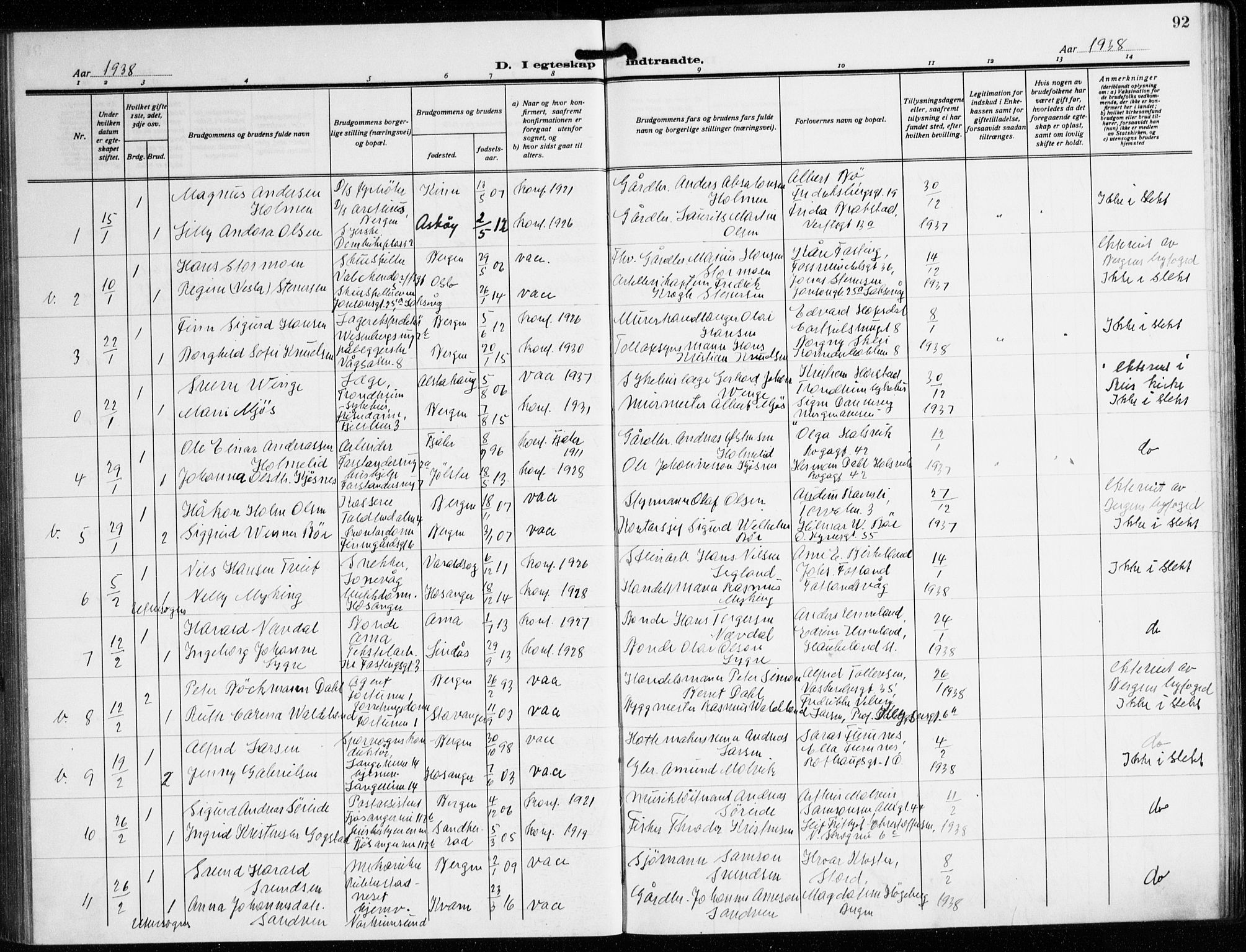 Korskirken sokneprestembete, SAB/A-76101/H/Hab: Parish register (copy) no. D 5, 1926-1944, p. 92