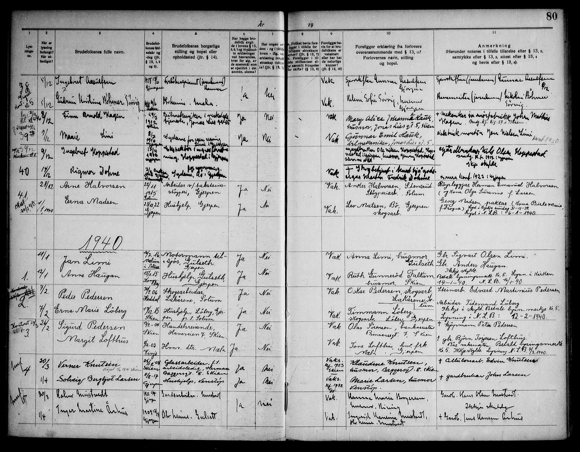 Gjerpen kirkebøker, SAKO/A-265/H/Ha/L0003: Banns register no. I 3, 1919-1946, p. 80