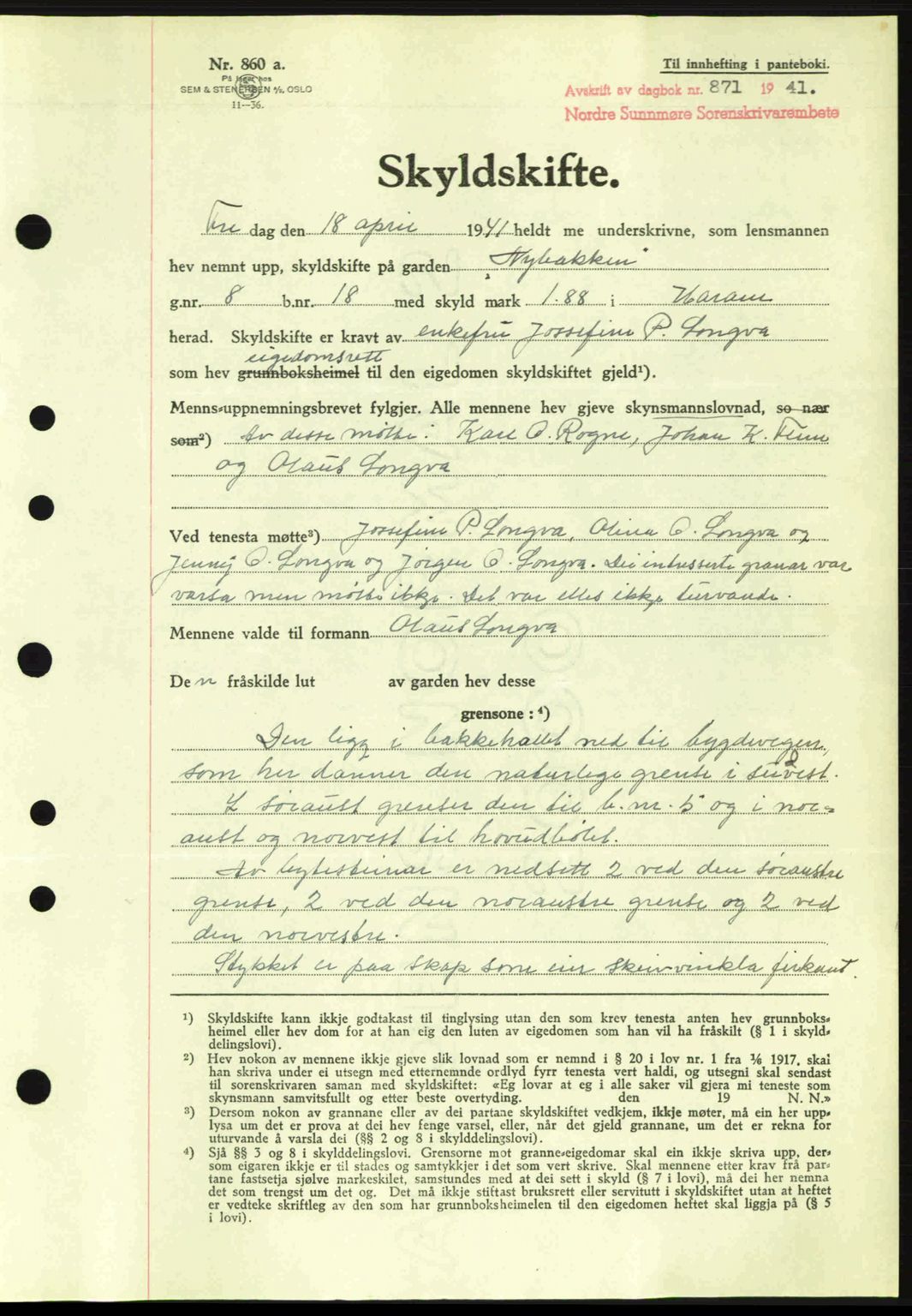 Nordre Sunnmøre sorenskriveri, AV/SAT-A-0006/1/2/2C/2Ca: Mortgage book no. A11, 1941-1941, Diary no: : 871/1941