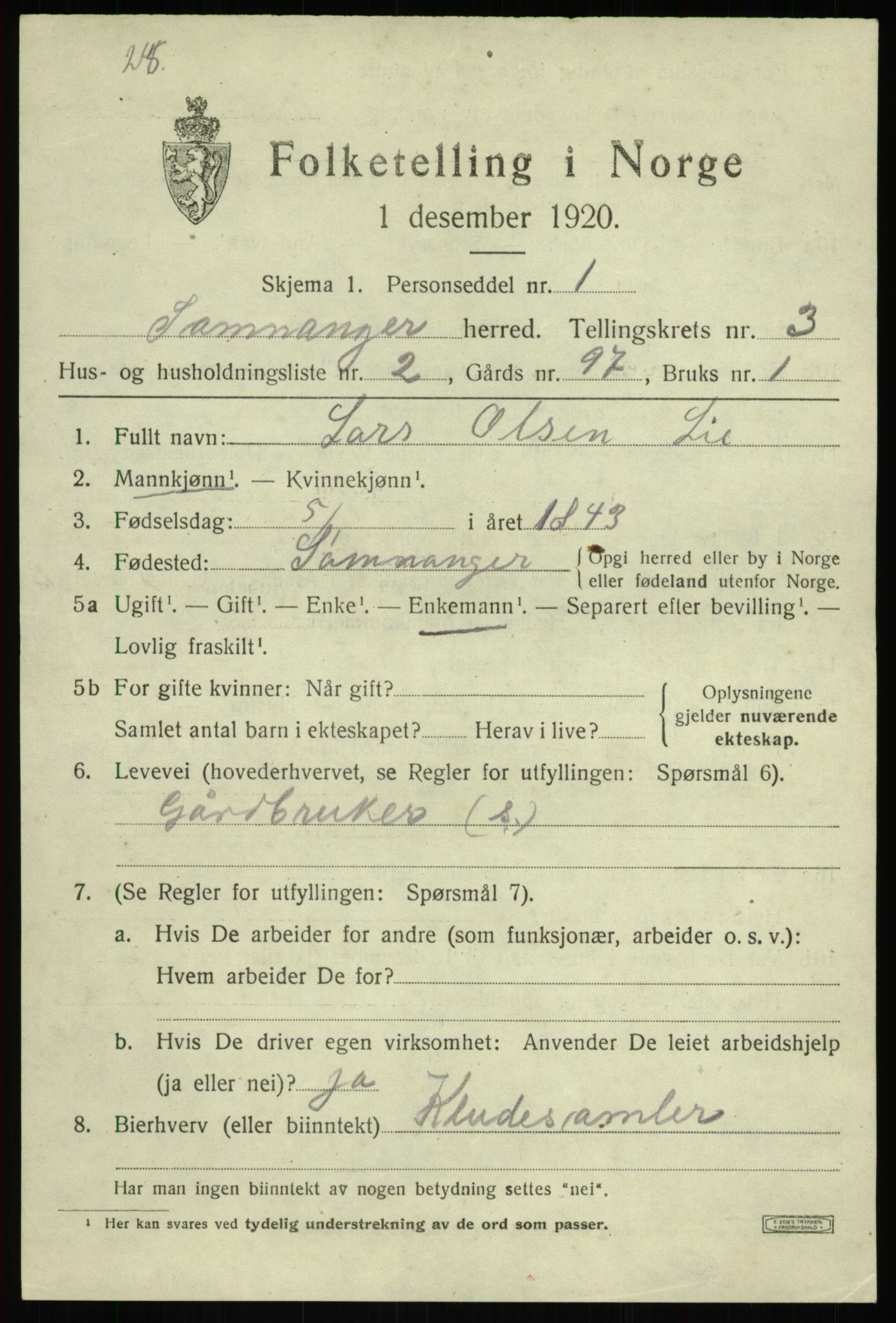 SAB, 1920 census for Samnanger, 1920, p. 1507