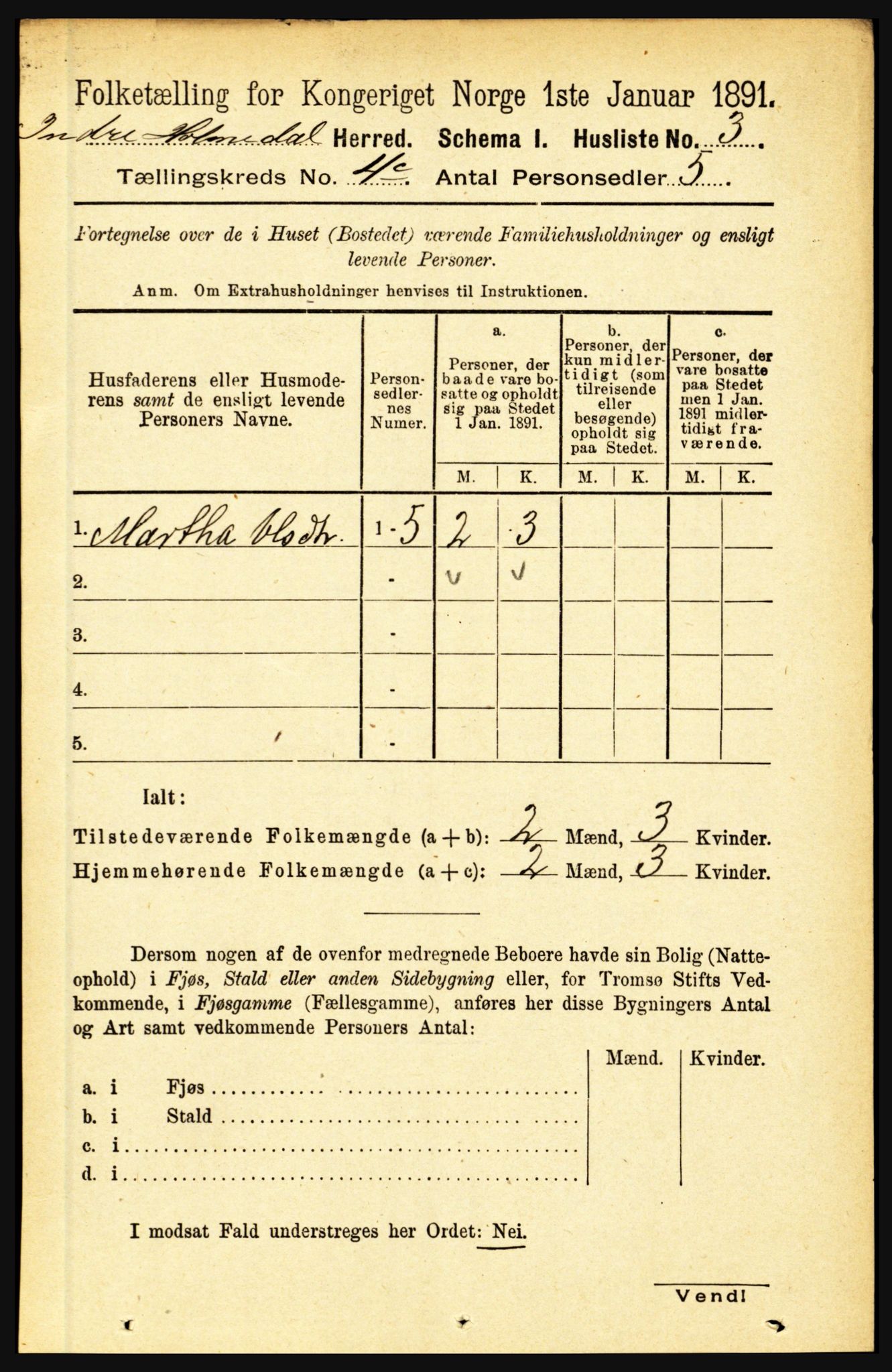 RA, 1891 census for 1430 Indre Holmedal, 1891, p. 1609