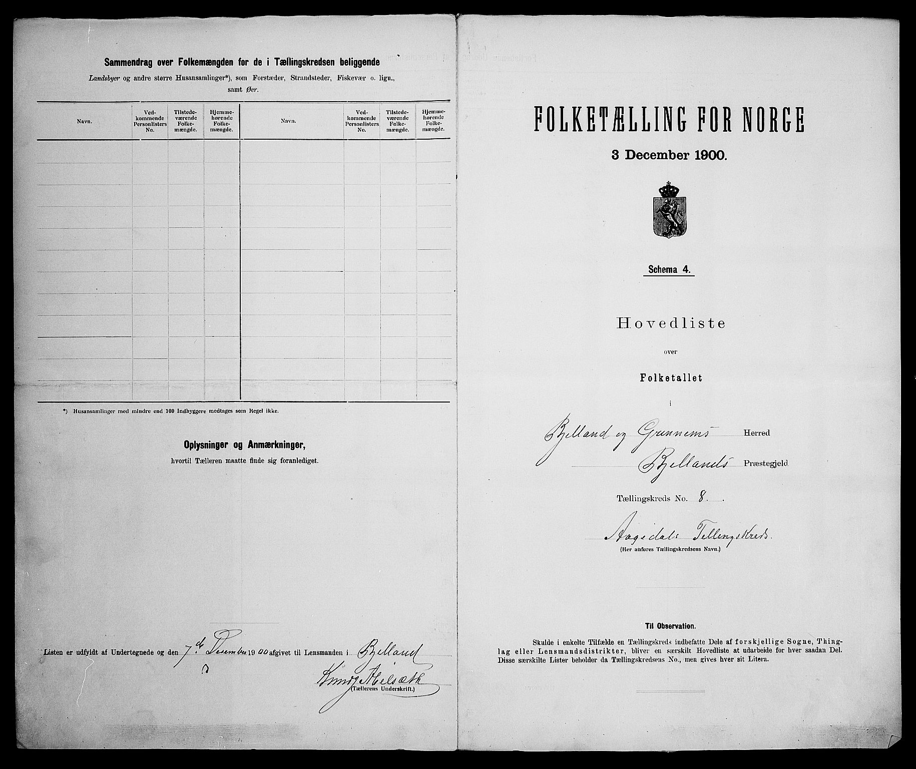 SAK, 1900 census for Bjelland og Grindheim, 1900, p. 19