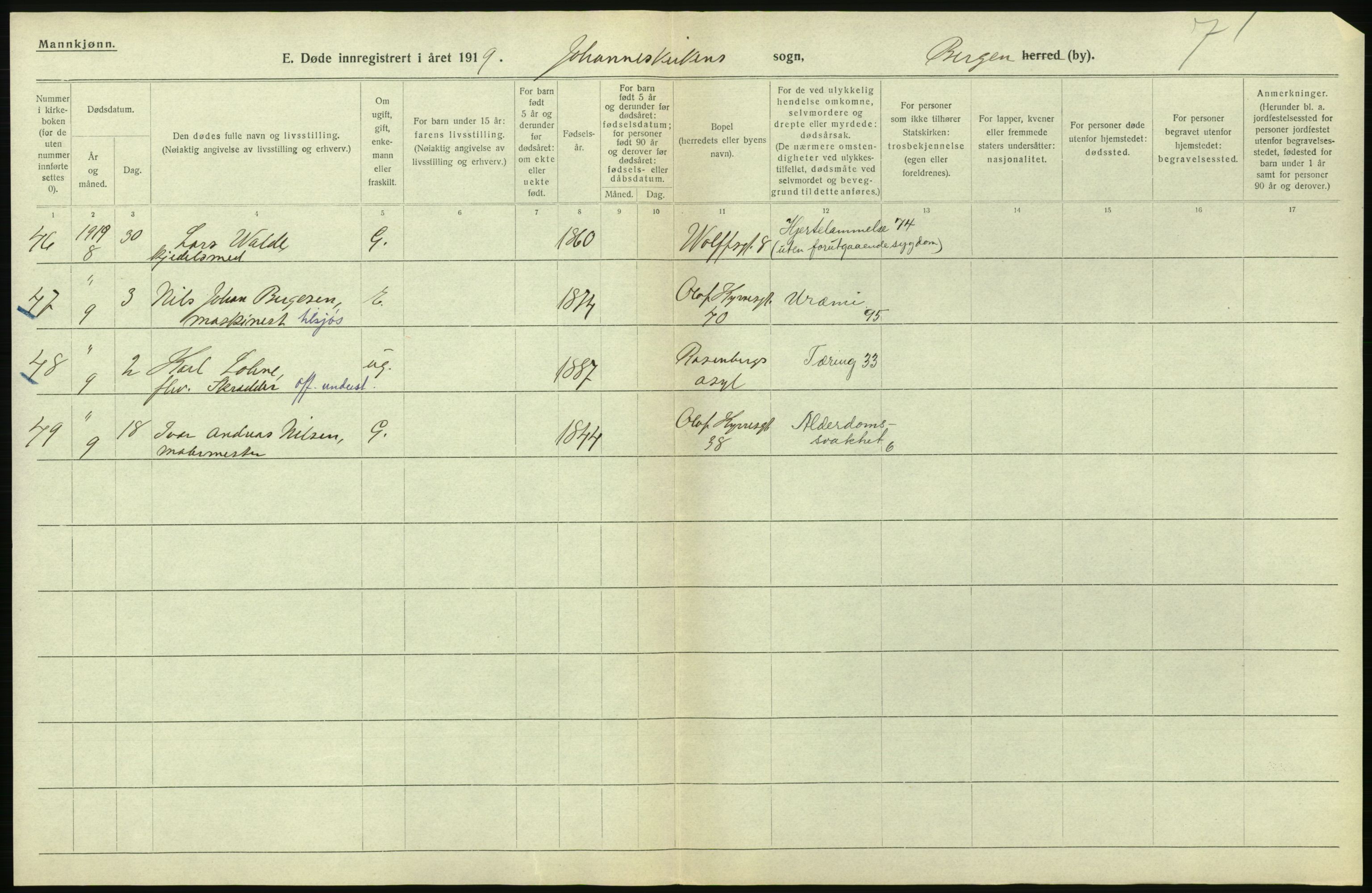 Statistisk sentralbyrå, Sosiodemografiske emner, Befolkning, AV/RA-S-2228/D/Df/Dfb/Dfbi/L0035: Bergen: Gifte, døde, dødfødte., 1919, p. 628