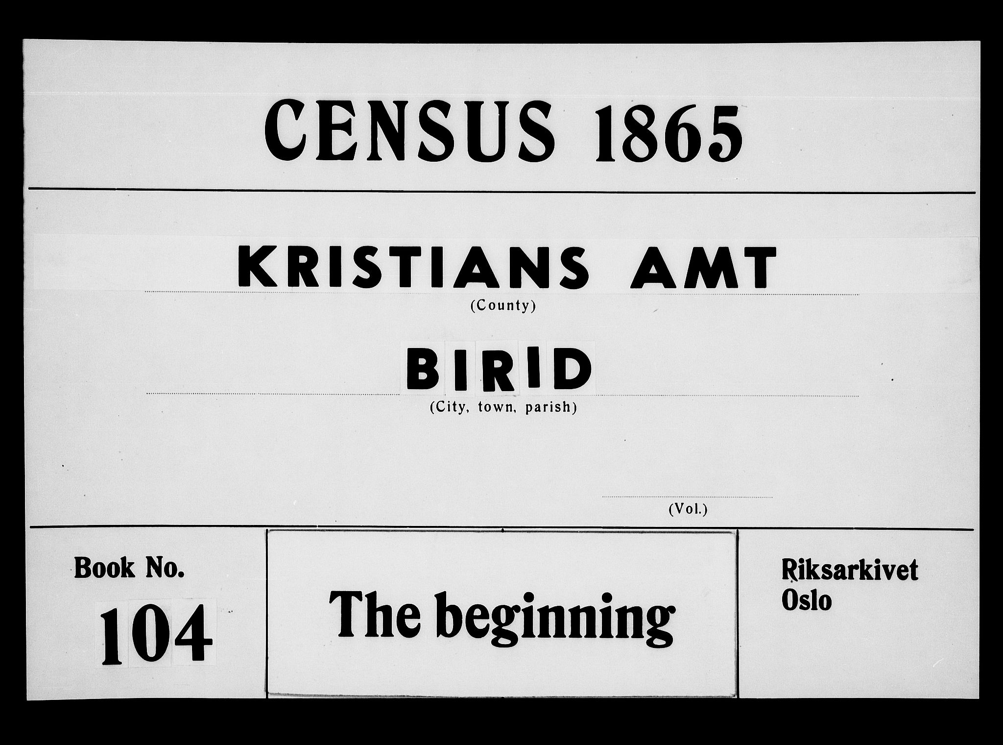 RA, 1865 census for Biri, 1865, p. 1