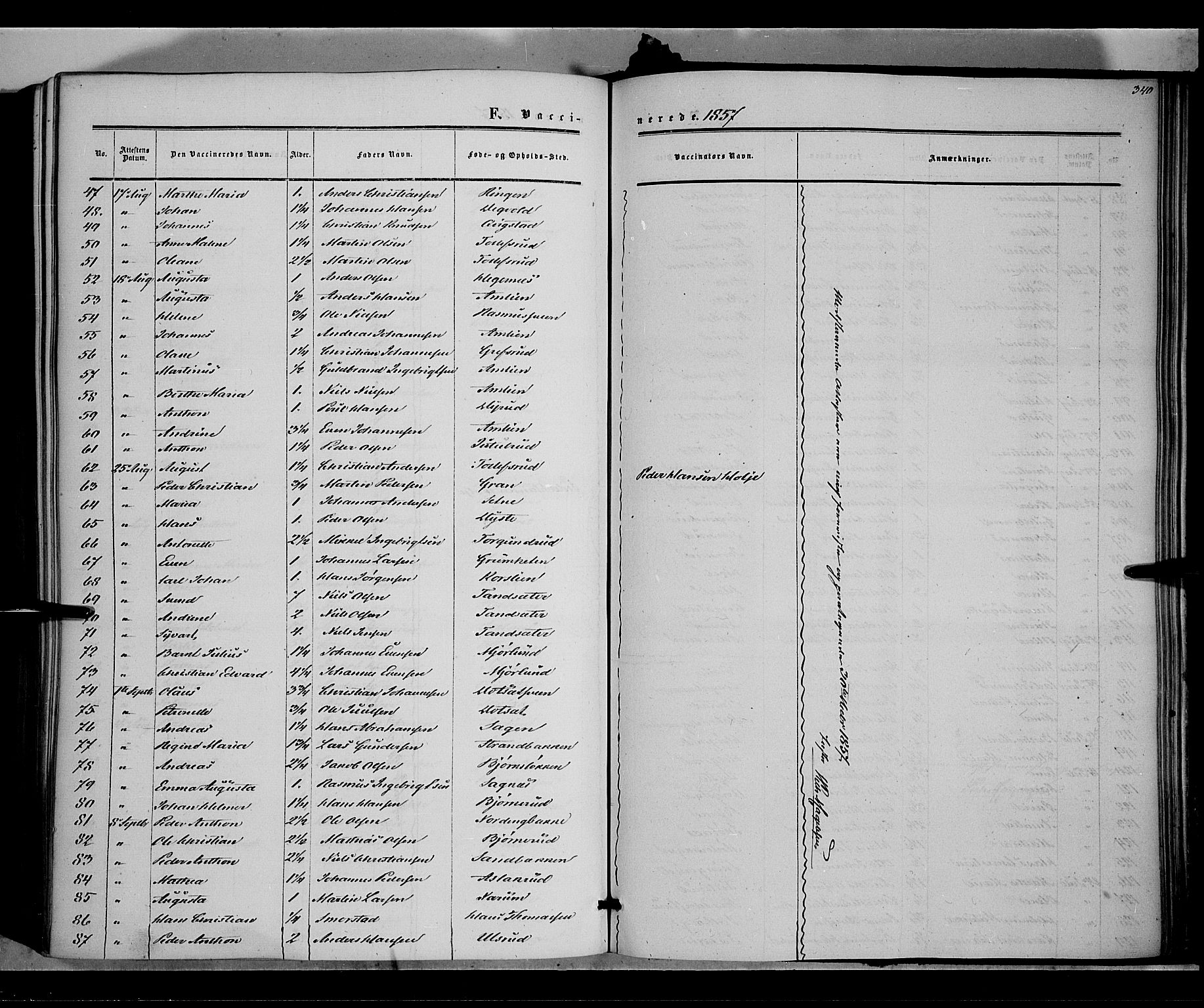 Vestre Toten prestekontor, SAH/PREST-108/H/Ha/Haa/L0006: Parish register (official) no. 6, 1856-1861, p. 340