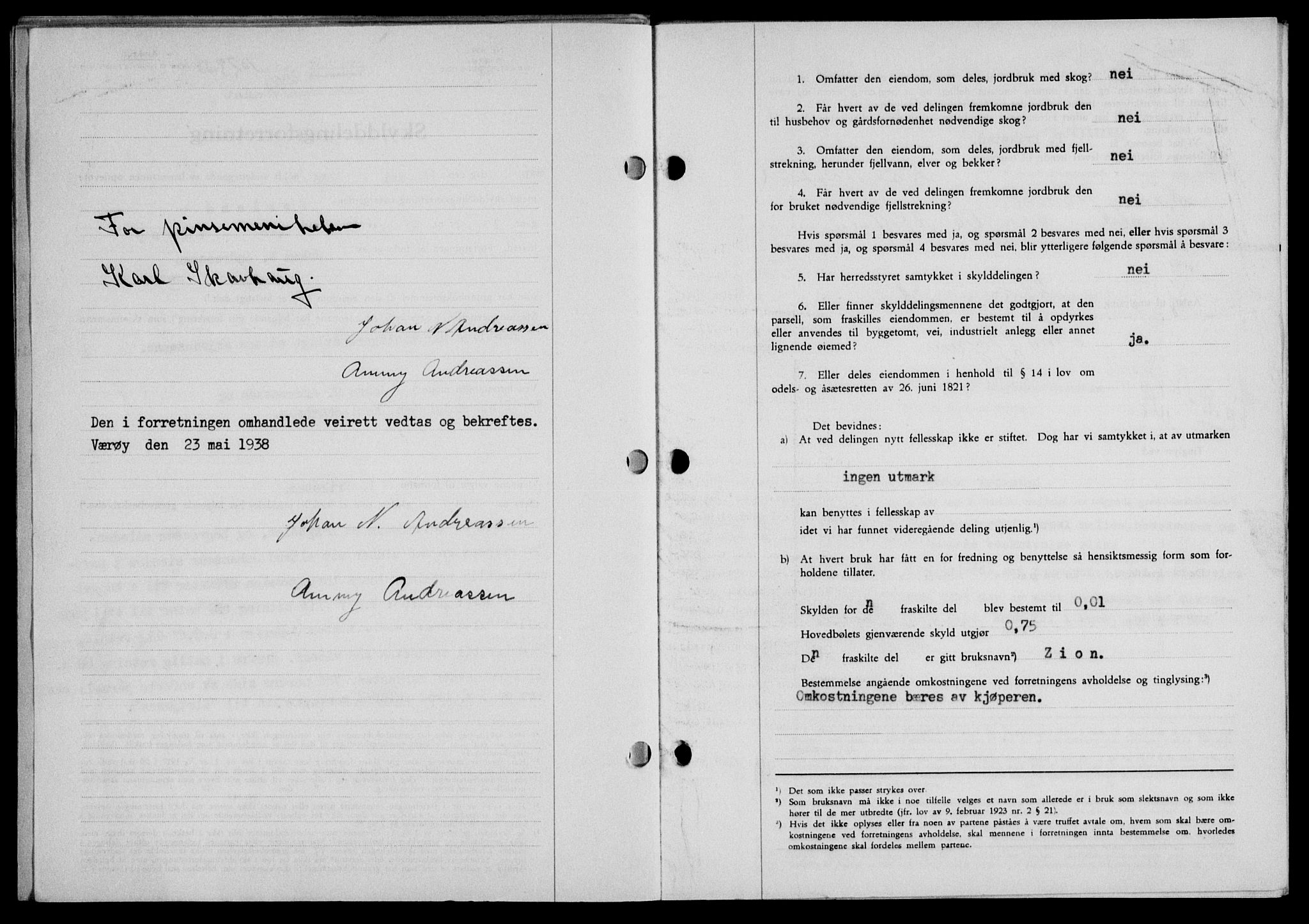 Lofoten sorenskriveri, SAT/A-0017/1/2/2C/L0004a: Mortgage book no. 4a, 1938-1938, Diary no: : 1023/1938