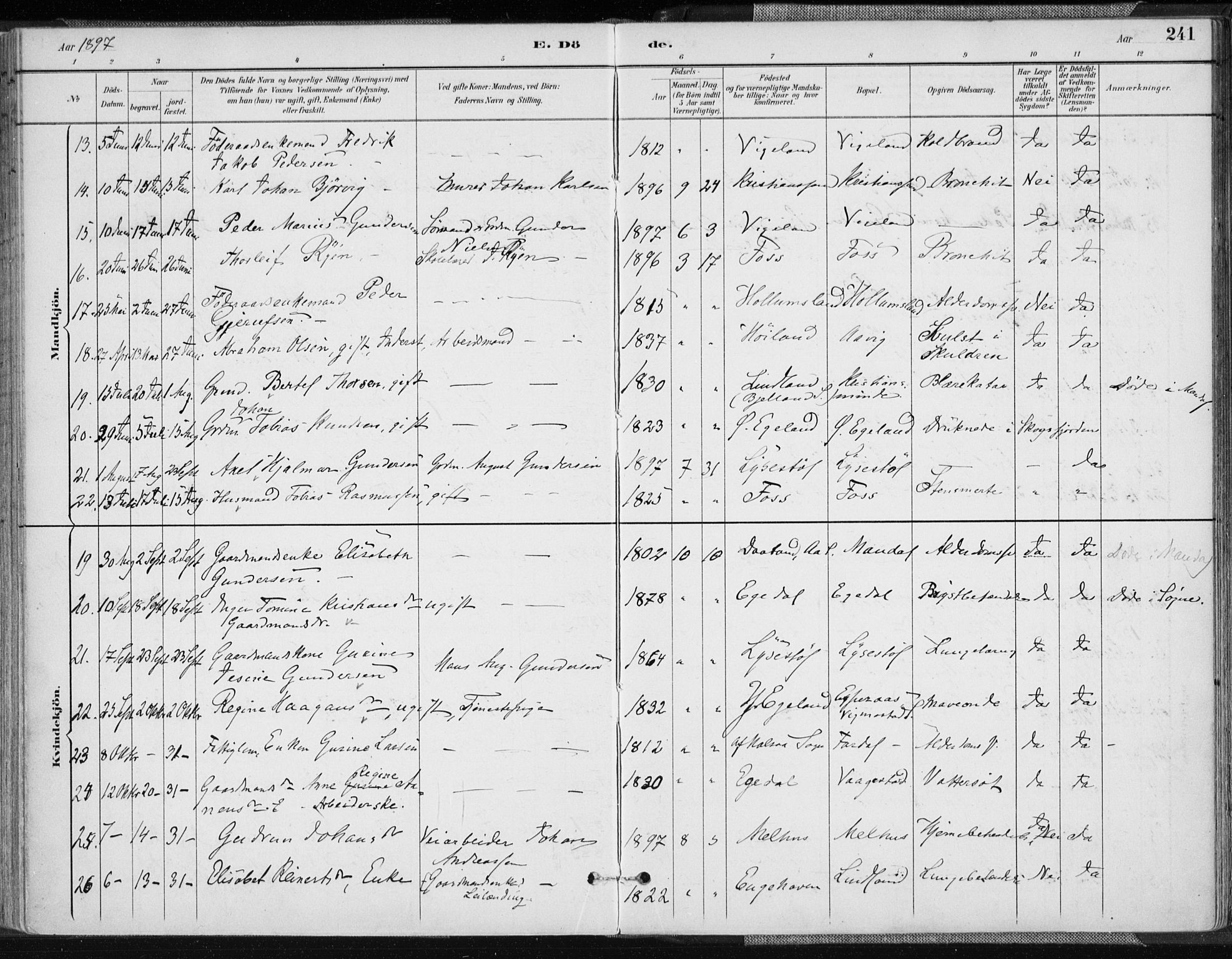 Sør-Audnedal sokneprestkontor, AV/SAK-1111-0039/F/Fa/Fab/L0010: Parish register (official) no. A 10, 1892-1913, p. 241