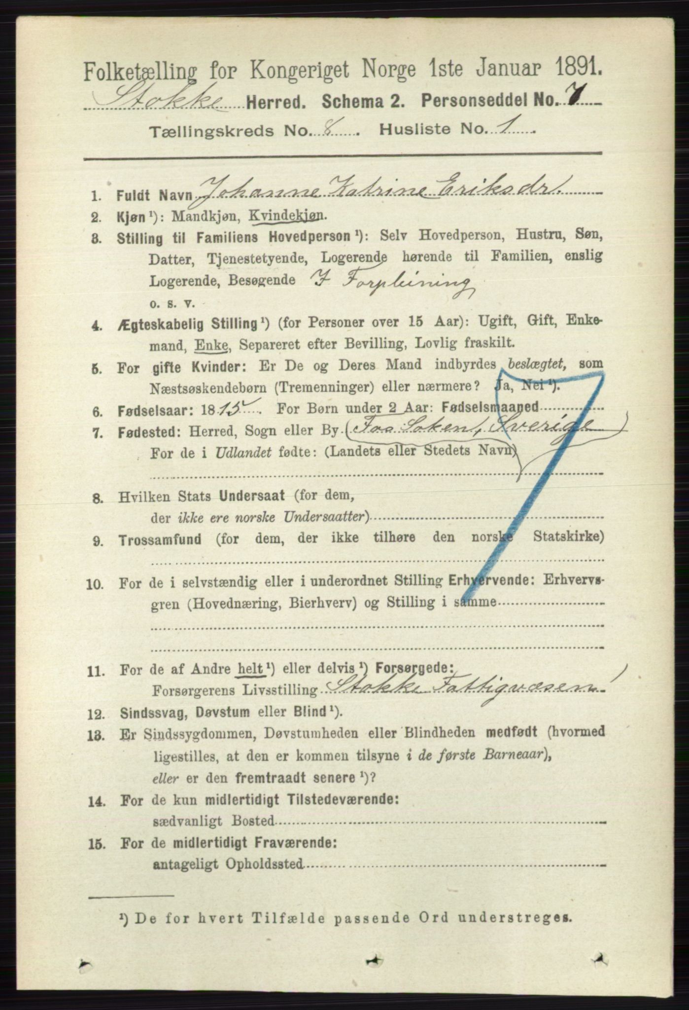 RA, 1891 census for 0720 Stokke, 1891, p. 5076