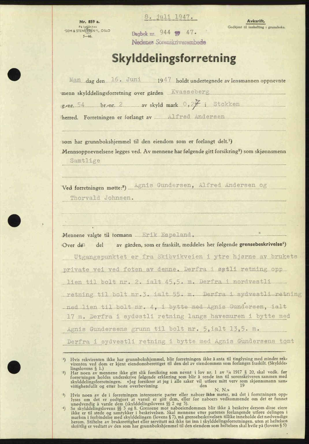 Nedenes sorenskriveri, SAK/1221-0006/G/Gb/Gba/L0057: Mortgage book no. A9, 1947-1947, Diary no: : 944/1947