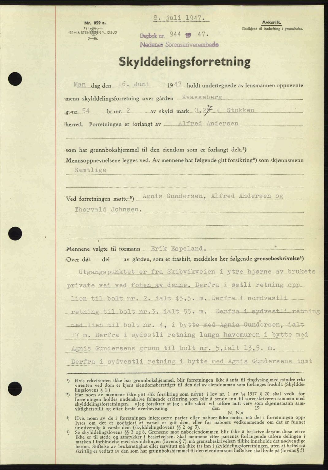 Nedenes sorenskriveri, AV/SAK-1221-0006/G/Gb/Gba/L0057: Mortgage book no. A9, 1947-1947, Diary no: : 944/1947
