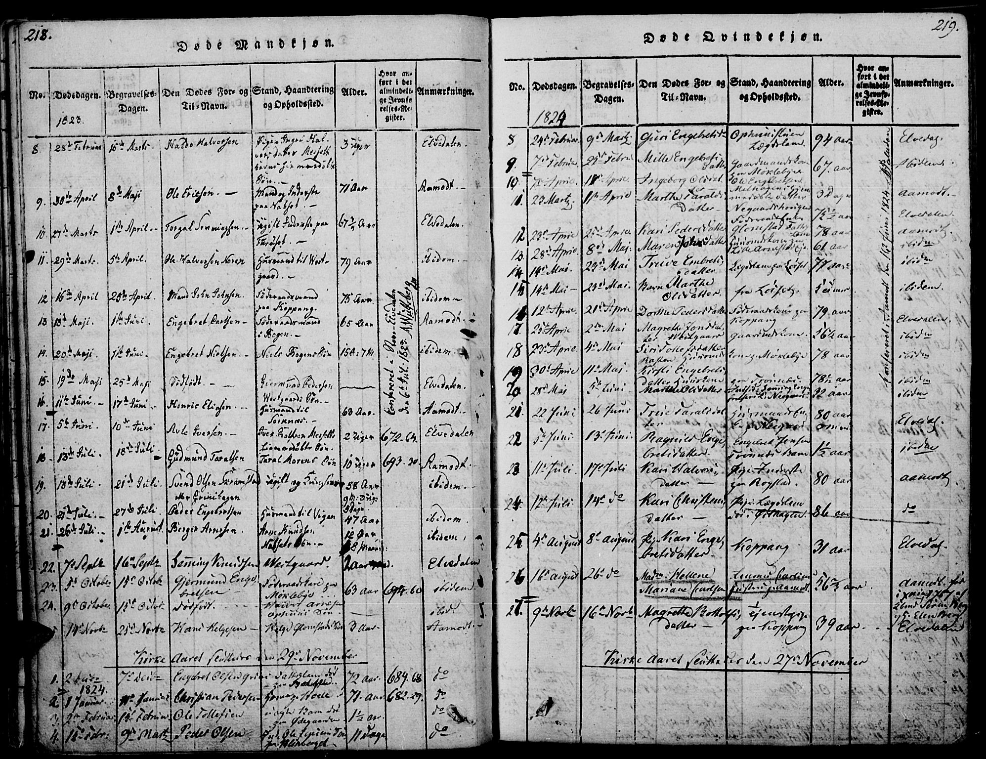 Åmot prestekontor, Hedmark, SAH/PREST-056/H/Ha/Haa/L0005: Parish register (official) no. 5, 1815-1841, p. 218-219